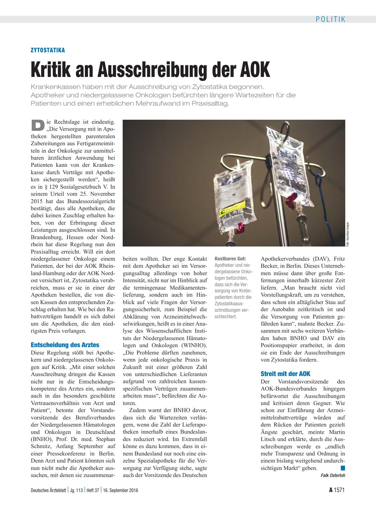 Vorschauseite 1: Zytostatika: Kritik an Ausschreibung der AOK