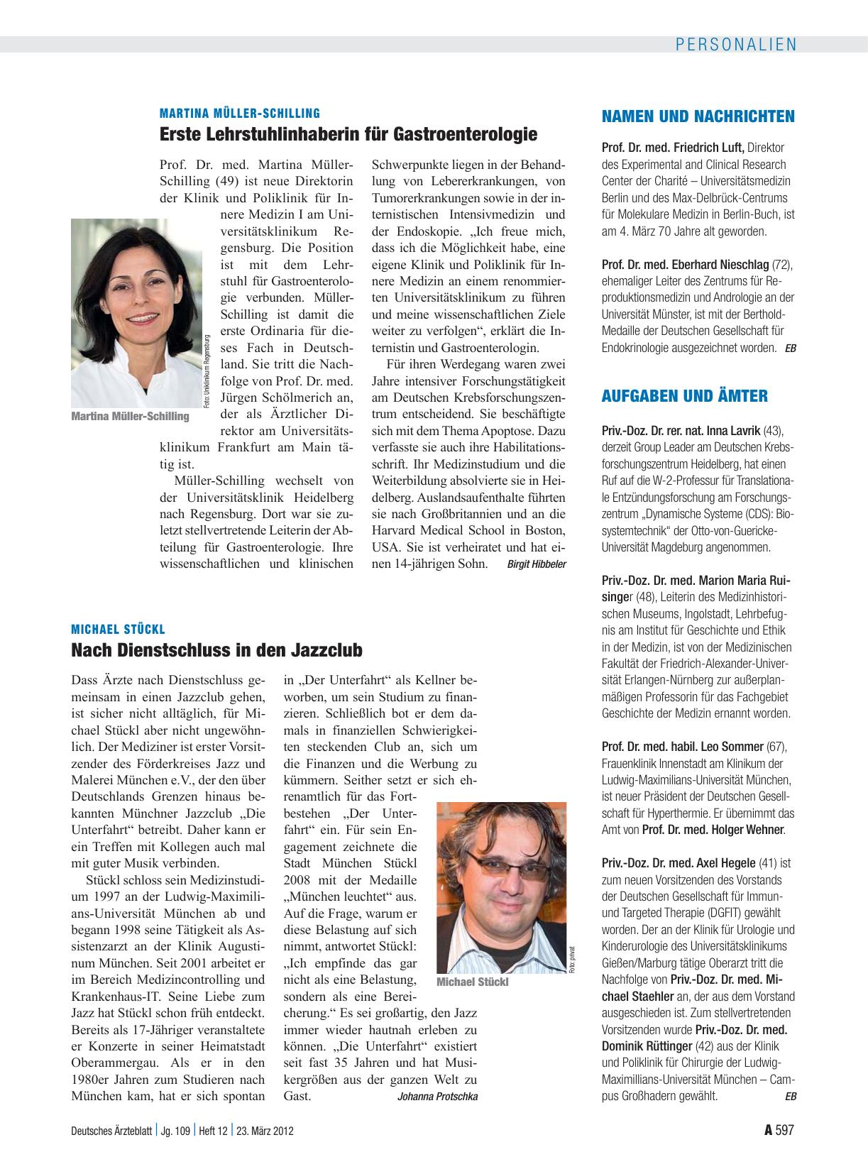 Vorschauseite 1: Martina Müller-Schilling: Erste Lehrstuhlinhaberin für Gastroenterologie