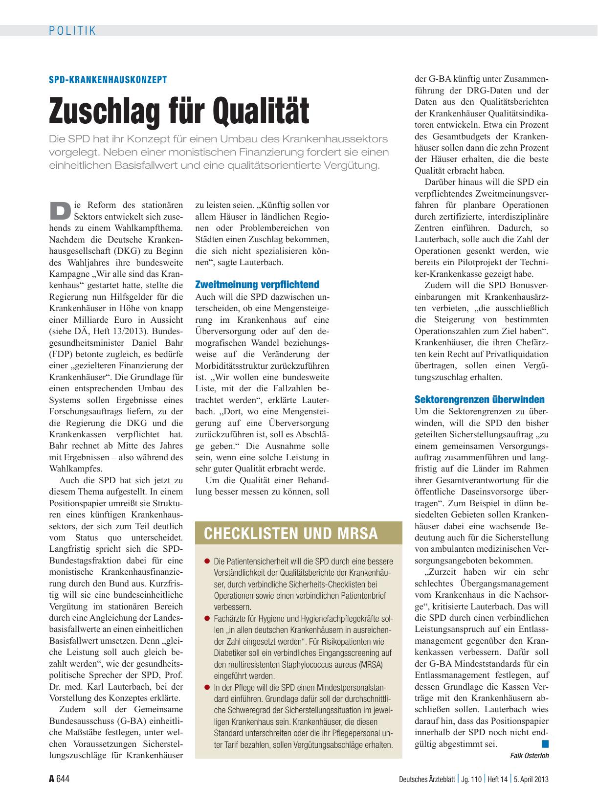 Vorschauseite 1: SPD-Krankenhauskonzept: Zuschlag für Qualität