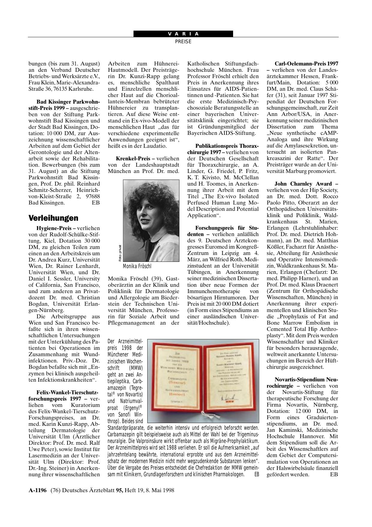 Vorschauseite 1: Arzneimittelpreis 1998 der Münchener Medizinischen Wochenschrift