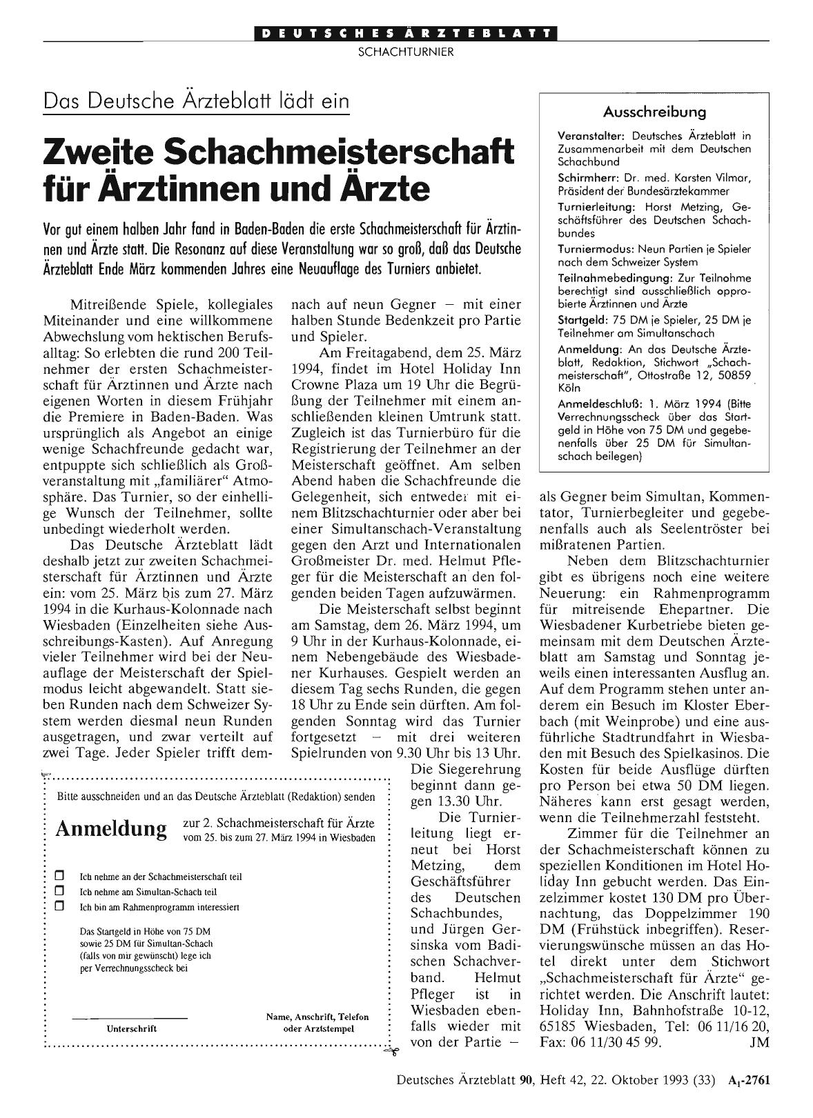 Vorschauseite 1: Das Deutsche Ärzteblatt lädt ein: Zweite Schachmeisterschaft für Ärztinnen und Ärzte
