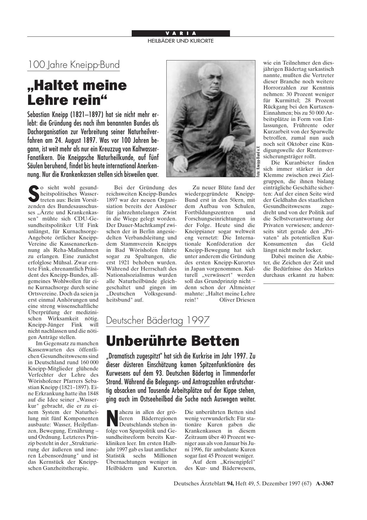 Vorschauseite 1: 100 Jahre Kneipp-Bund: „Haltet meine Lehre rein“