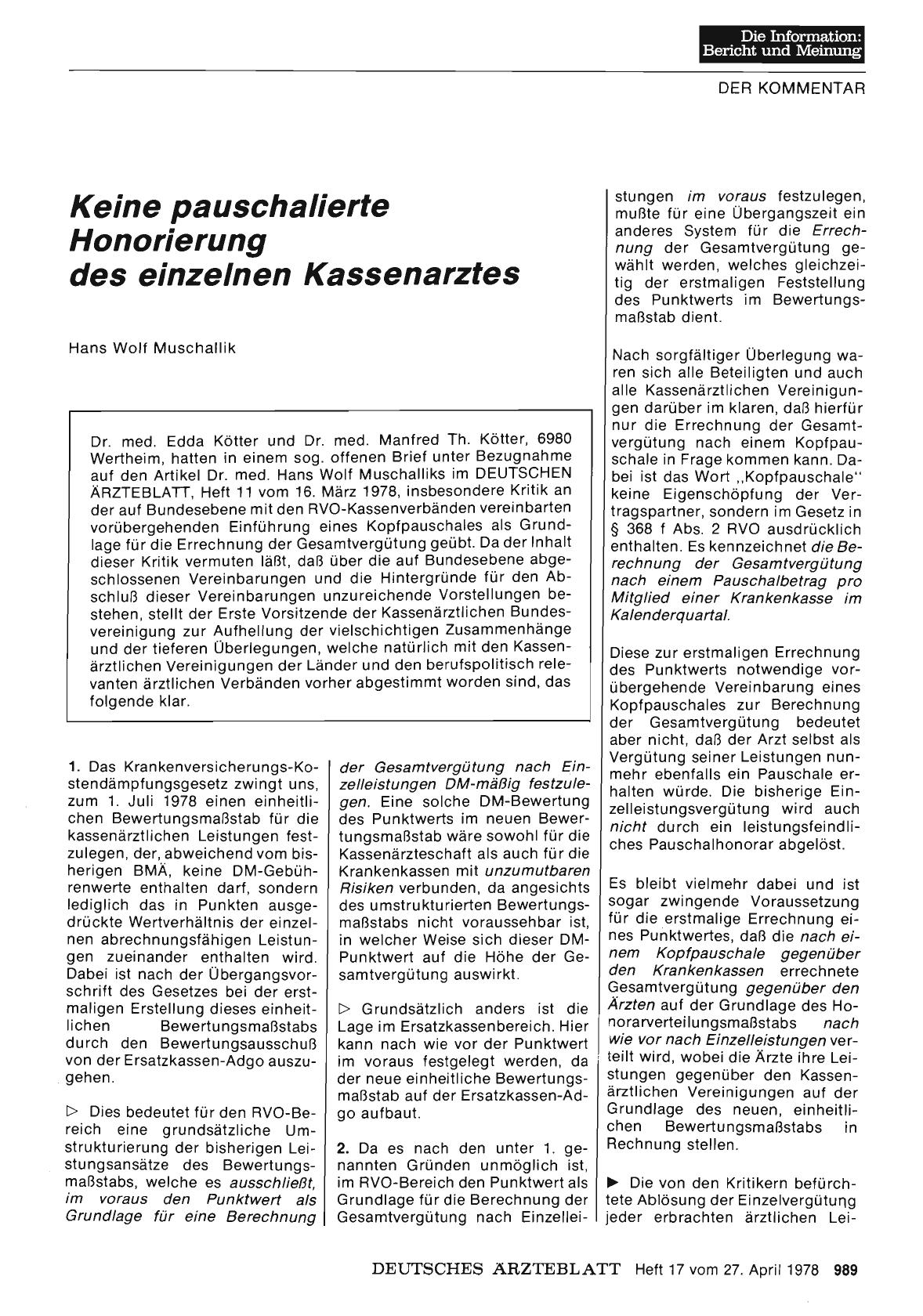 Vorschauseite 1: Keine pauschalierte Honorierung des einzelnen Kassenarztes