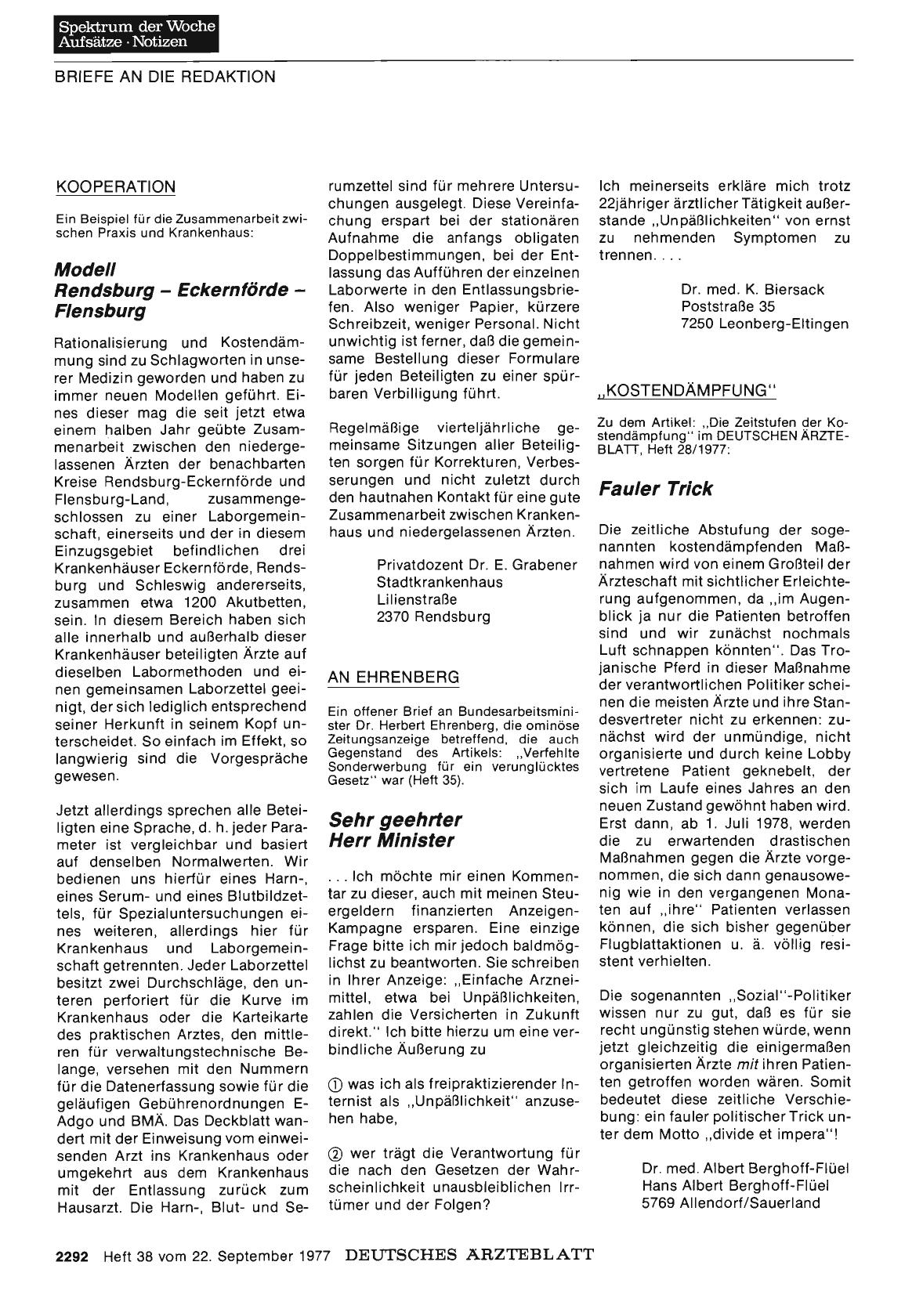 Vorschauseite 1: AN EHRENBERG: Sehr geehrter Herr Minister