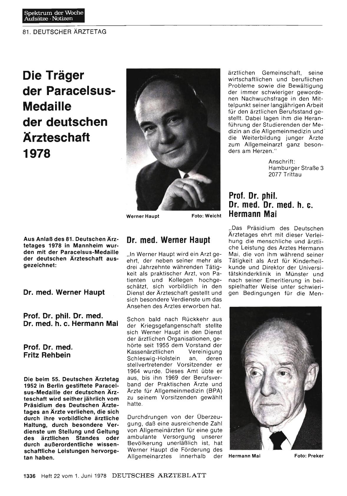 Vorschauseite 1: Die Träger der Paracelsus-Medaille der deutschen Ärzteschaft 1978