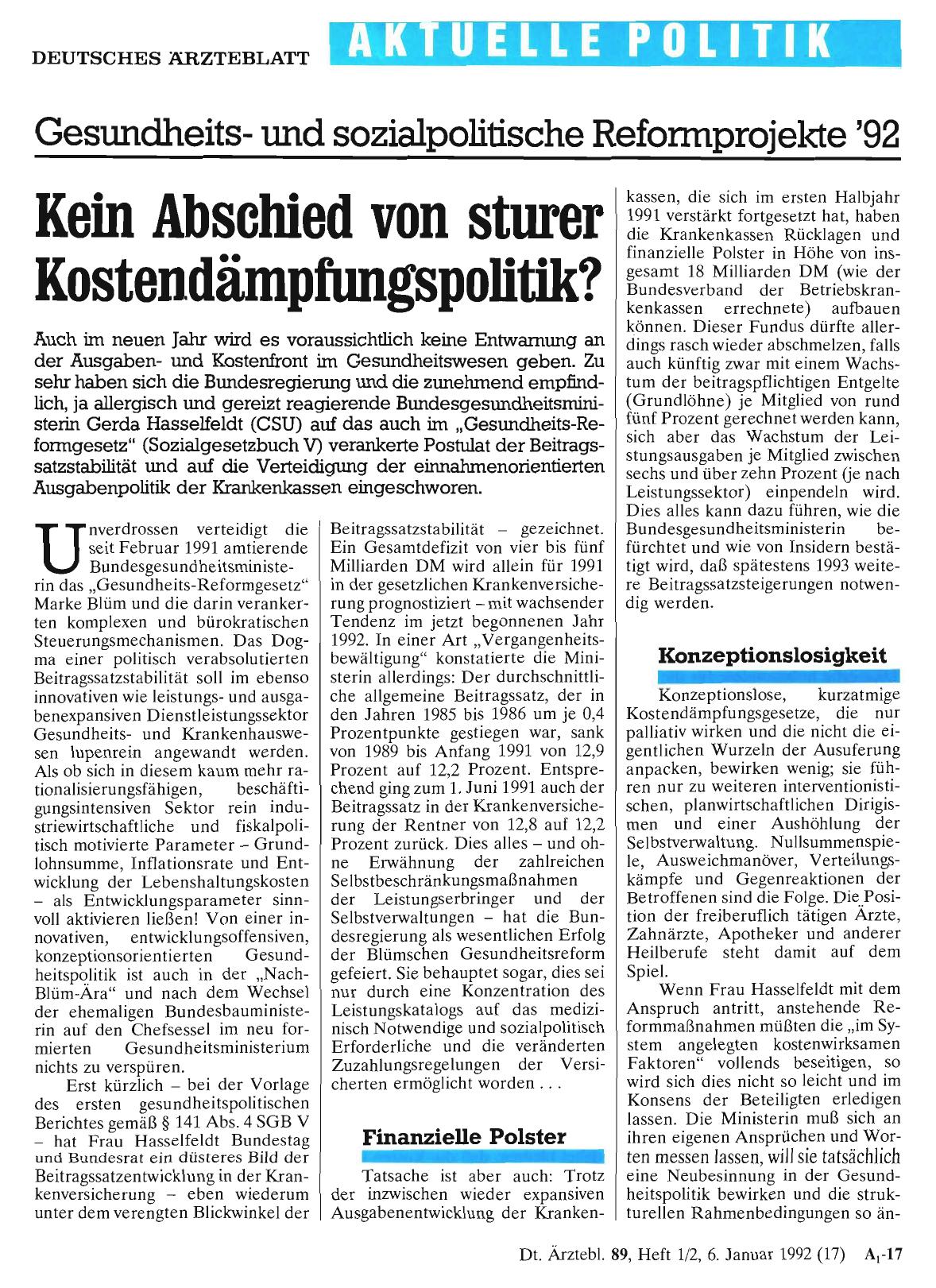 Vorschauseite 1: Gesundheitsund sozialpolitische Reformprojekte '92: Kein Abschied von sturer Kostendämpfungspolitik?