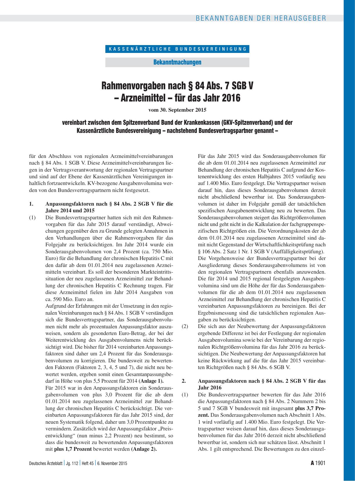 Vorschauseite 1: Rahmenvorgaben nach § 84 Abs. 7 SGB V – Arzneimittel – für das Jahr 2016 vereinbart zwischen dem Spitzenverband Bund der Krankenkassen (GKV-Spitzenverband) und der Kassenärztliche…