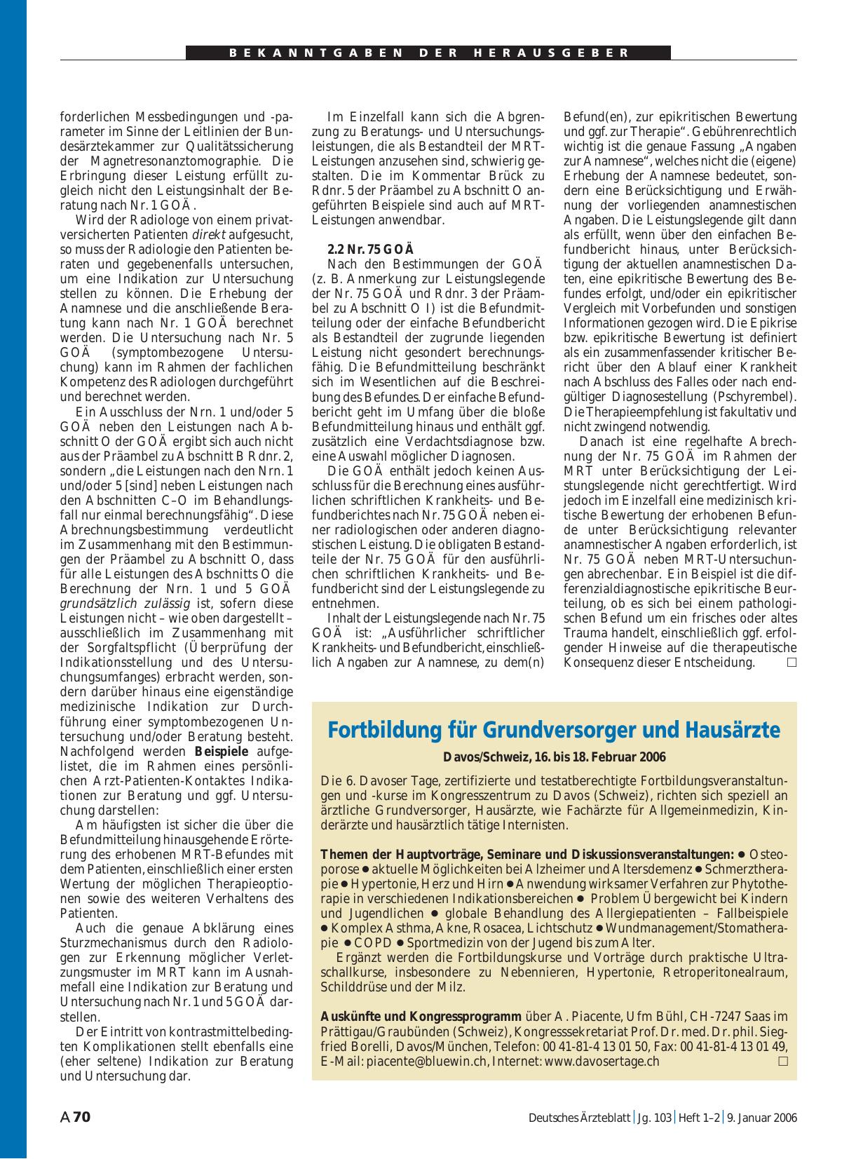 Vorschauseite 1: Fortbildung für Grundversorger und Hausärzte Davos/Schweiz, 16. bis 18. Februar 2006