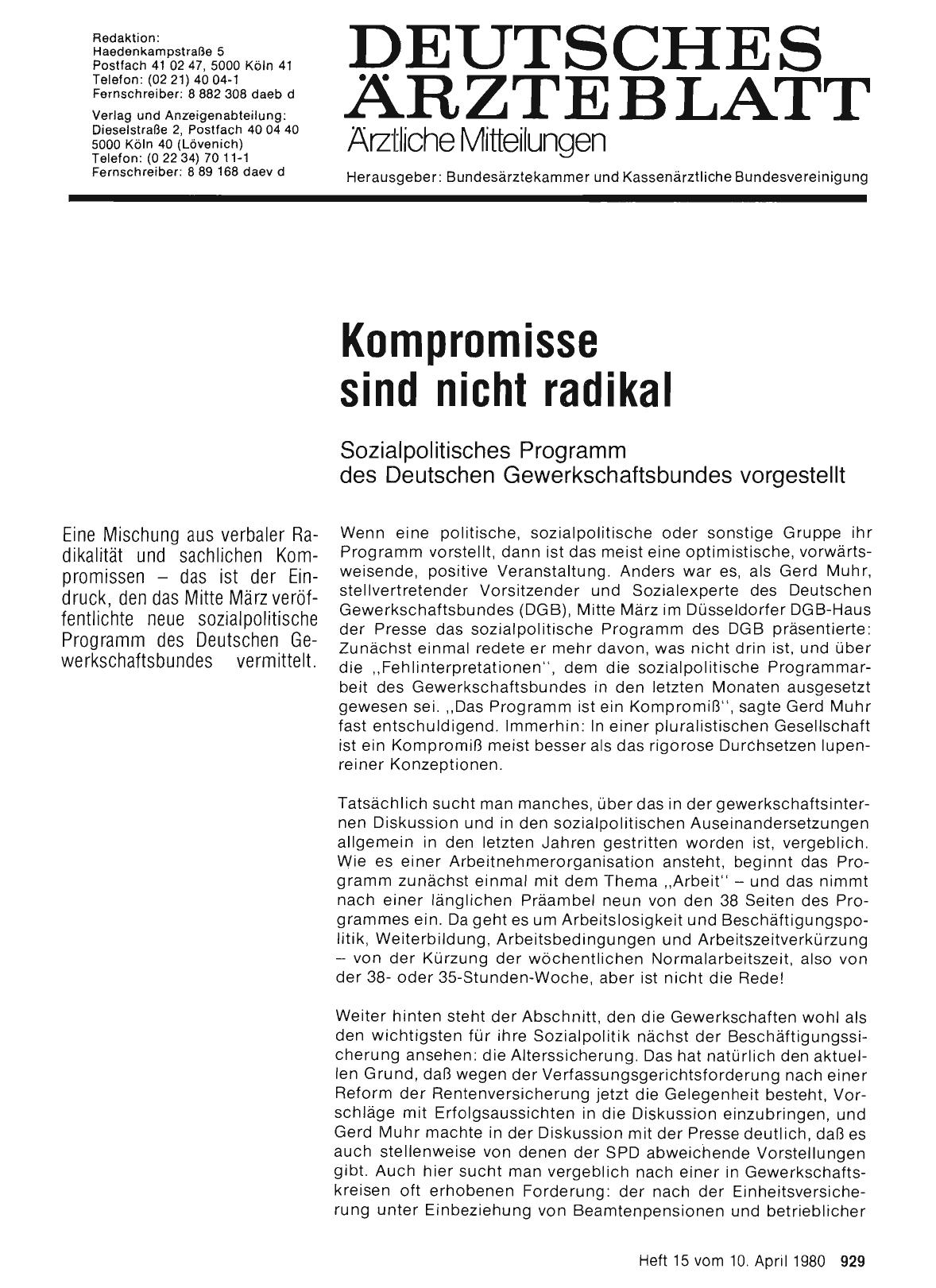 Vorschauseite 1: Kompromisse sind nicht radikal: Sozialpolitisches Programm des Deutschen Gewerkschaftsbundes vorgestellt