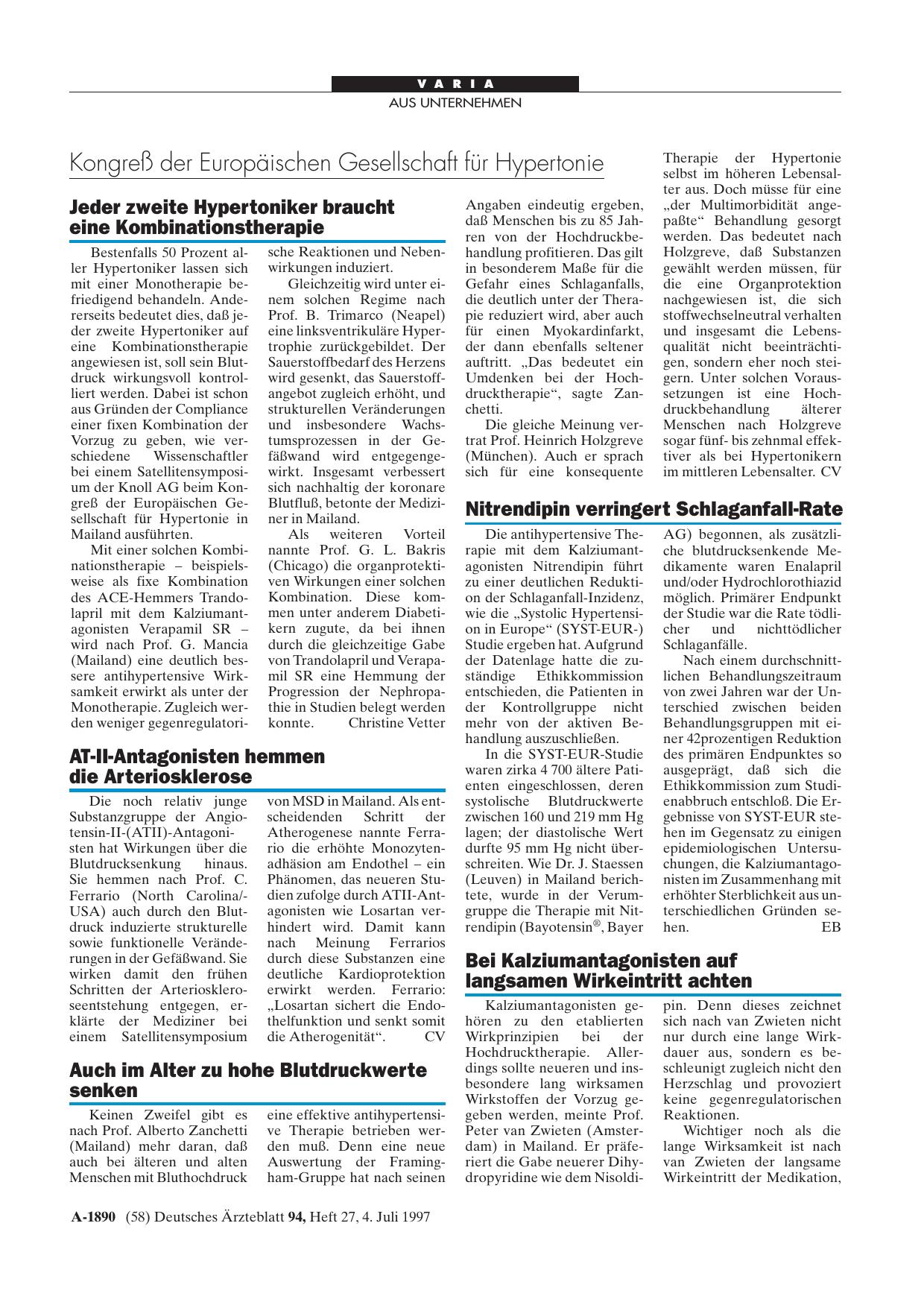 Vorschauseite 1: Kongreß der Europäischen Gesellschaft für Hypertonie