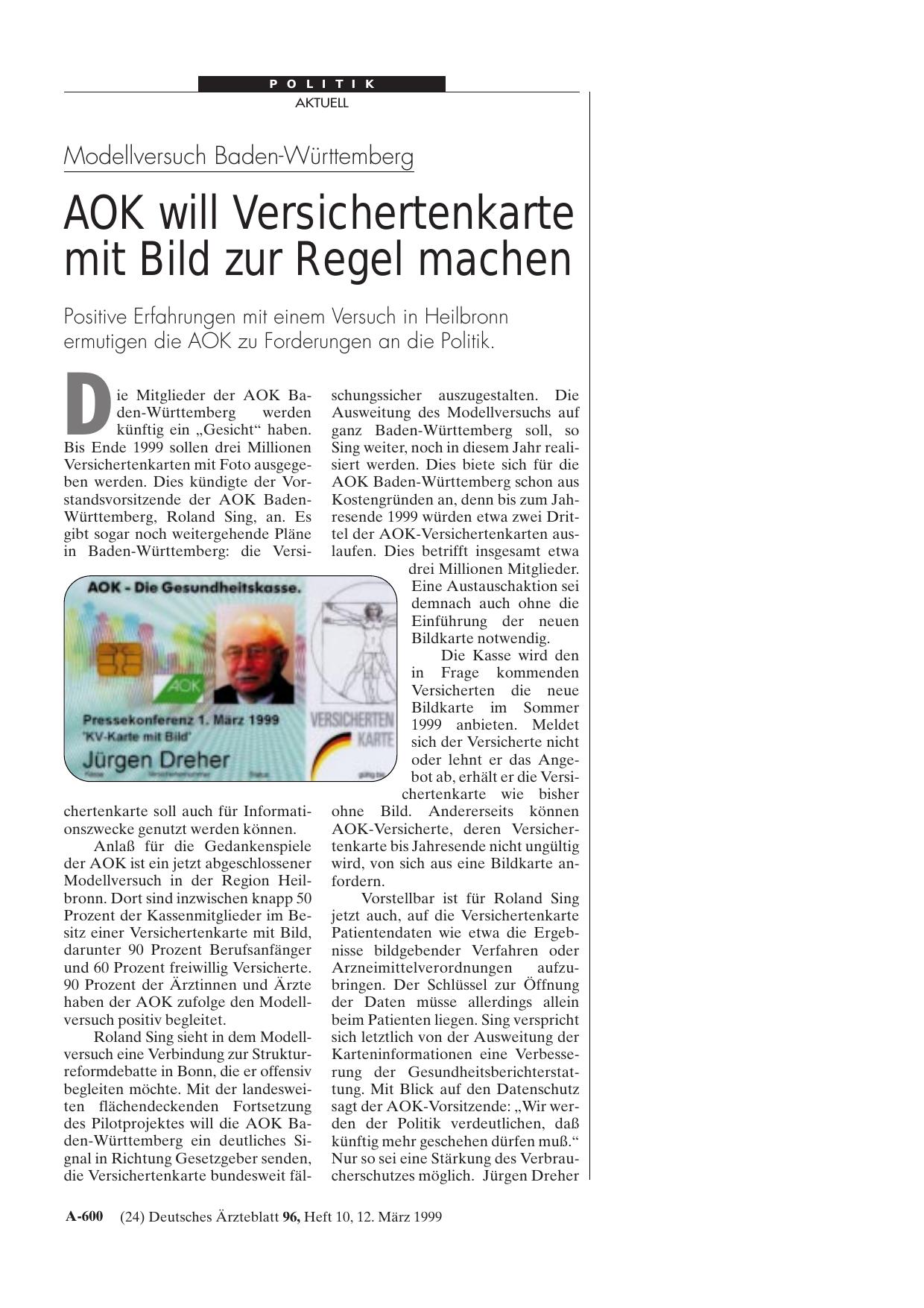 Vorschauseite 1: Modellversuch Baden-WürttembergAOK will Versichertenkarte mit Bild zur Regel machen