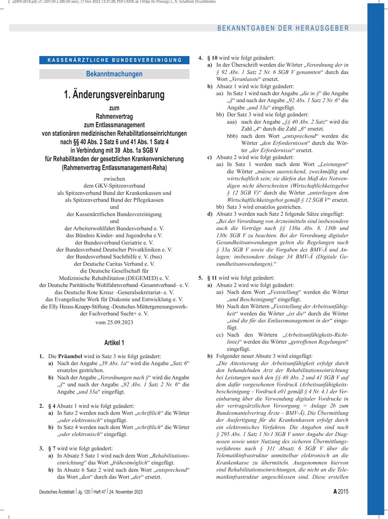 Vorschauseite 1: 1. Änderungsvereinbarung zum Rahmenvertrag zum Entlassmanagement von stationären medizinischen Rehabilitationseinrichtungen nach §§ 40 Abs. 2 Satz 6 und 41 Abs. 1 Satz 4 in Verbin…