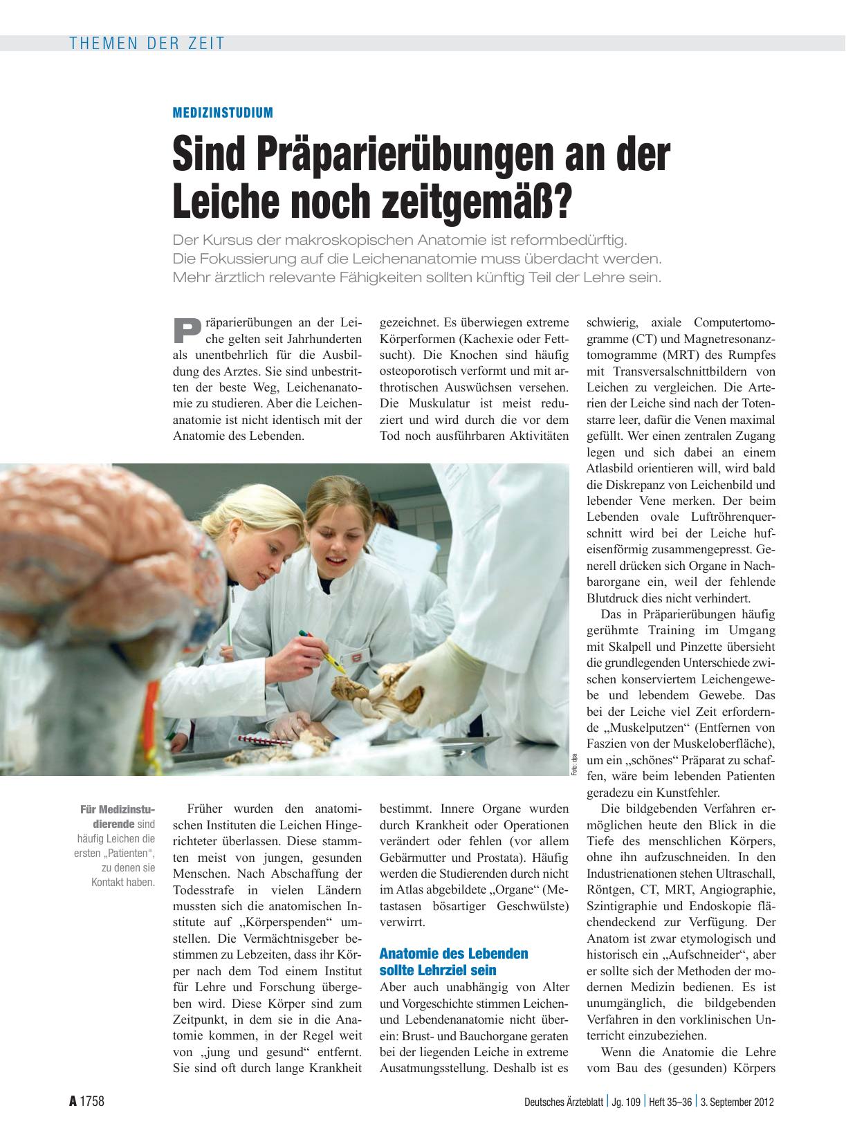 Vorschauseite 1: Medizinstudium: Sind Präparierübungen an der Leiche noch zeitgemäß?
