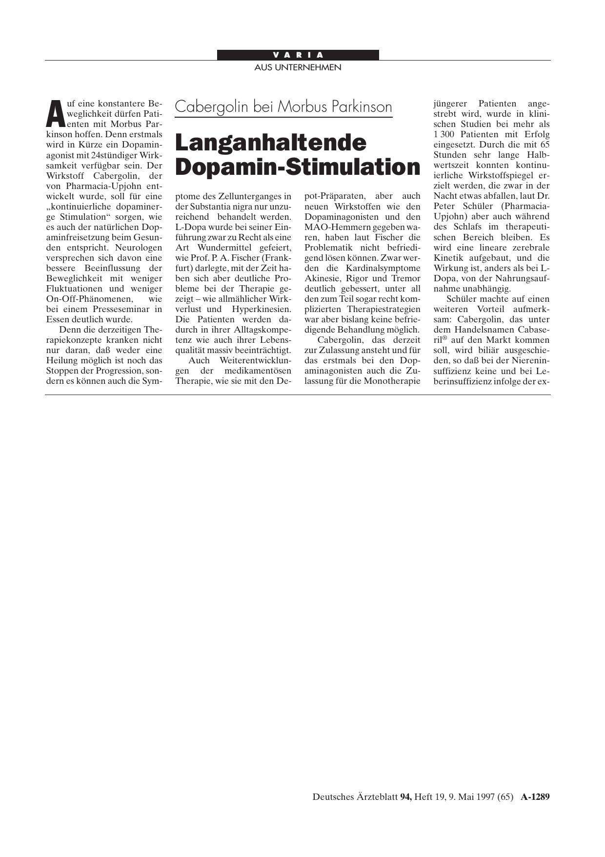 Vorschauseite 1: Cabergolin bei Morbus Parkinson: Langanhaltende Dopamin-Stimulation