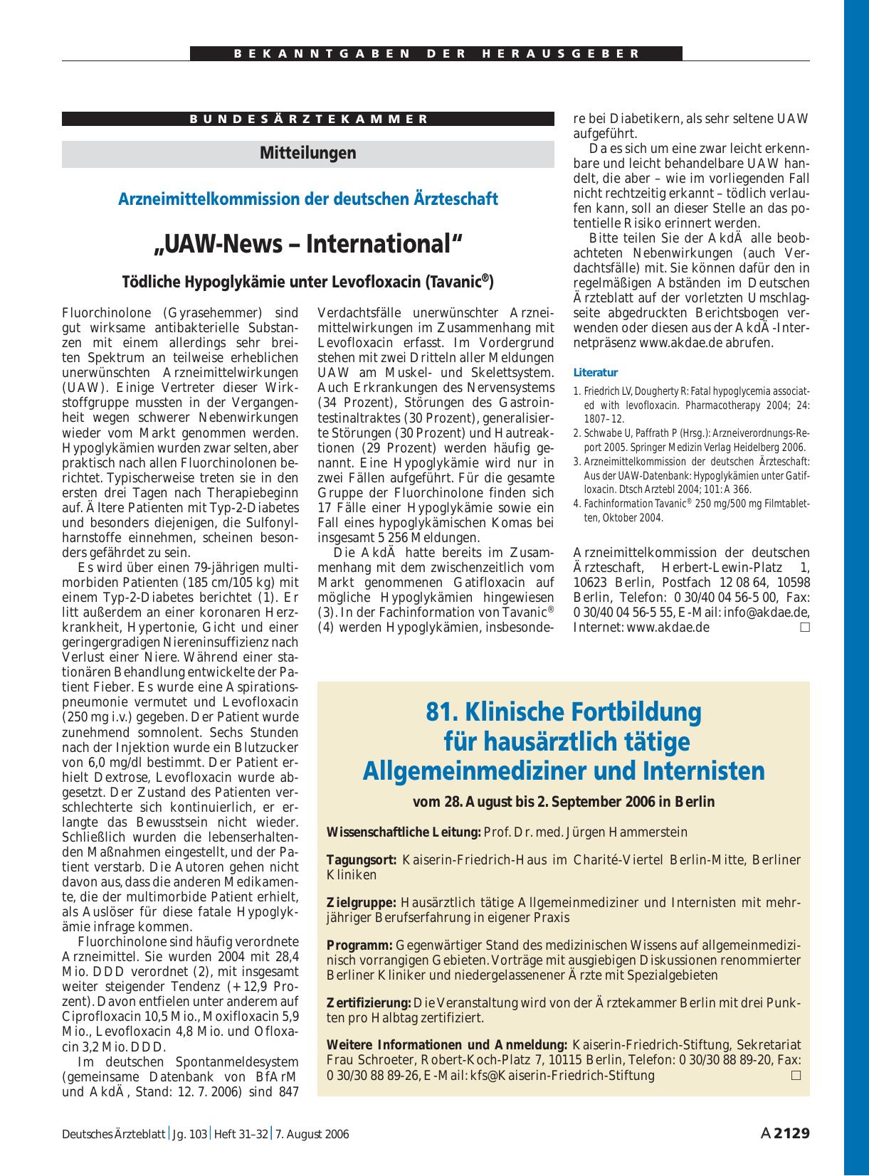 Vorschauseite 1: „UAW-News – International“: Tödliche Hypoglykämie unter Levofloxacin (Tavanic®)