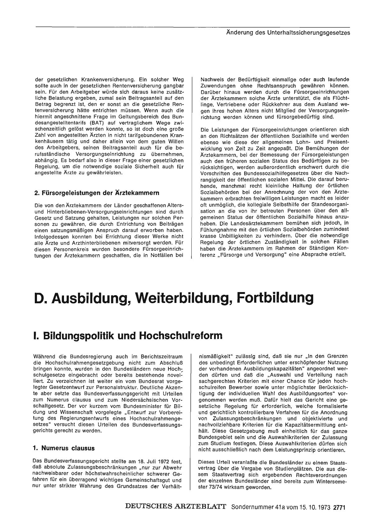 Vorschauseite 1: Bericht über das Jahr 1972/73: D. Ausbildung, Weiterbildung, Fortbildung I. Bildungspolitik und Hochschulreform
