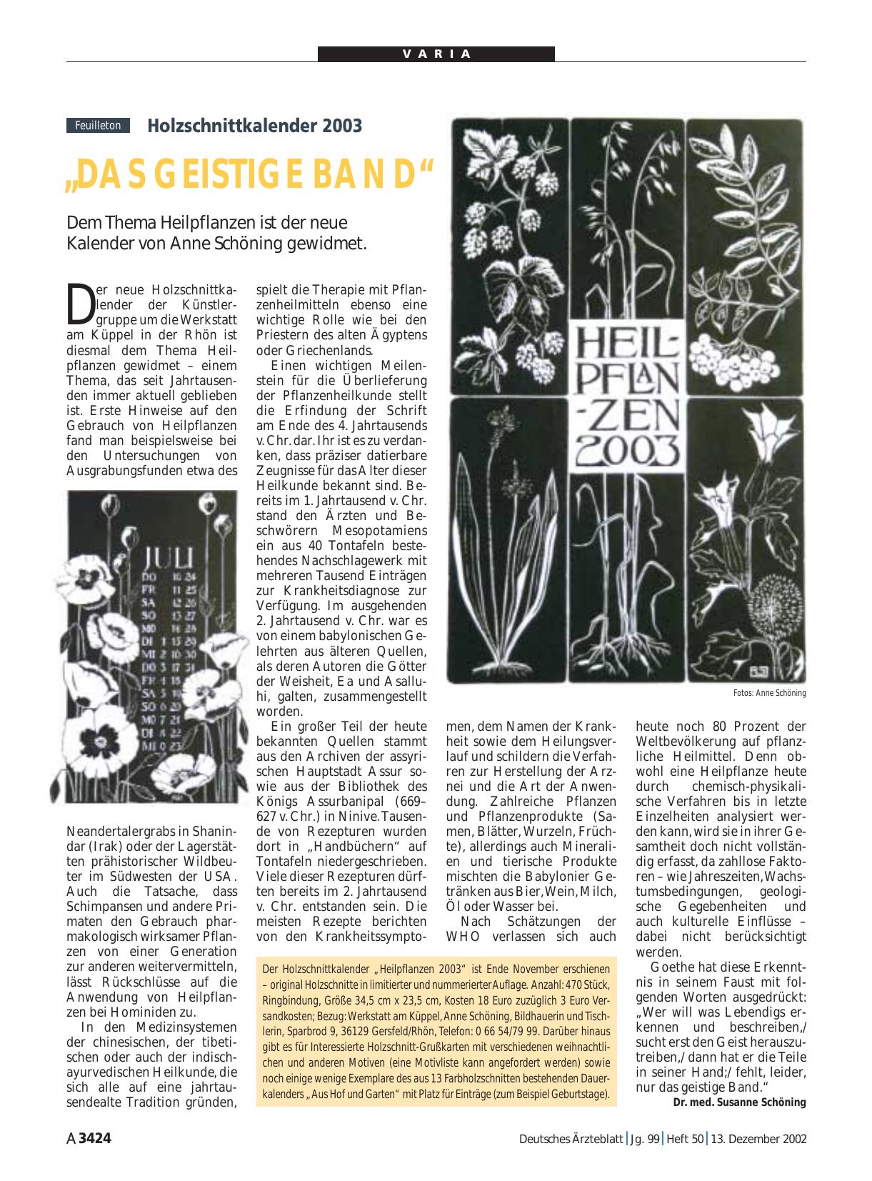 Vorschauseite 1: Holzschnittkalender 2003: „Das geistige Band“