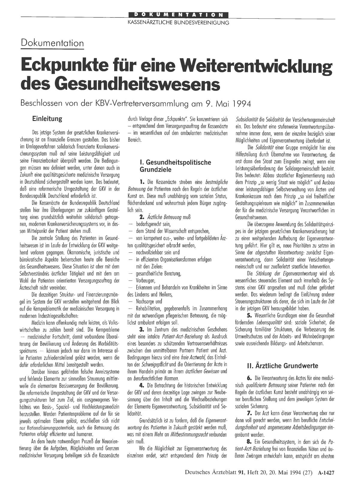 Vorschauseite 1: Dokumentation: Eckpunkte für eine Weiterentwicklung des Gesundheitswesens