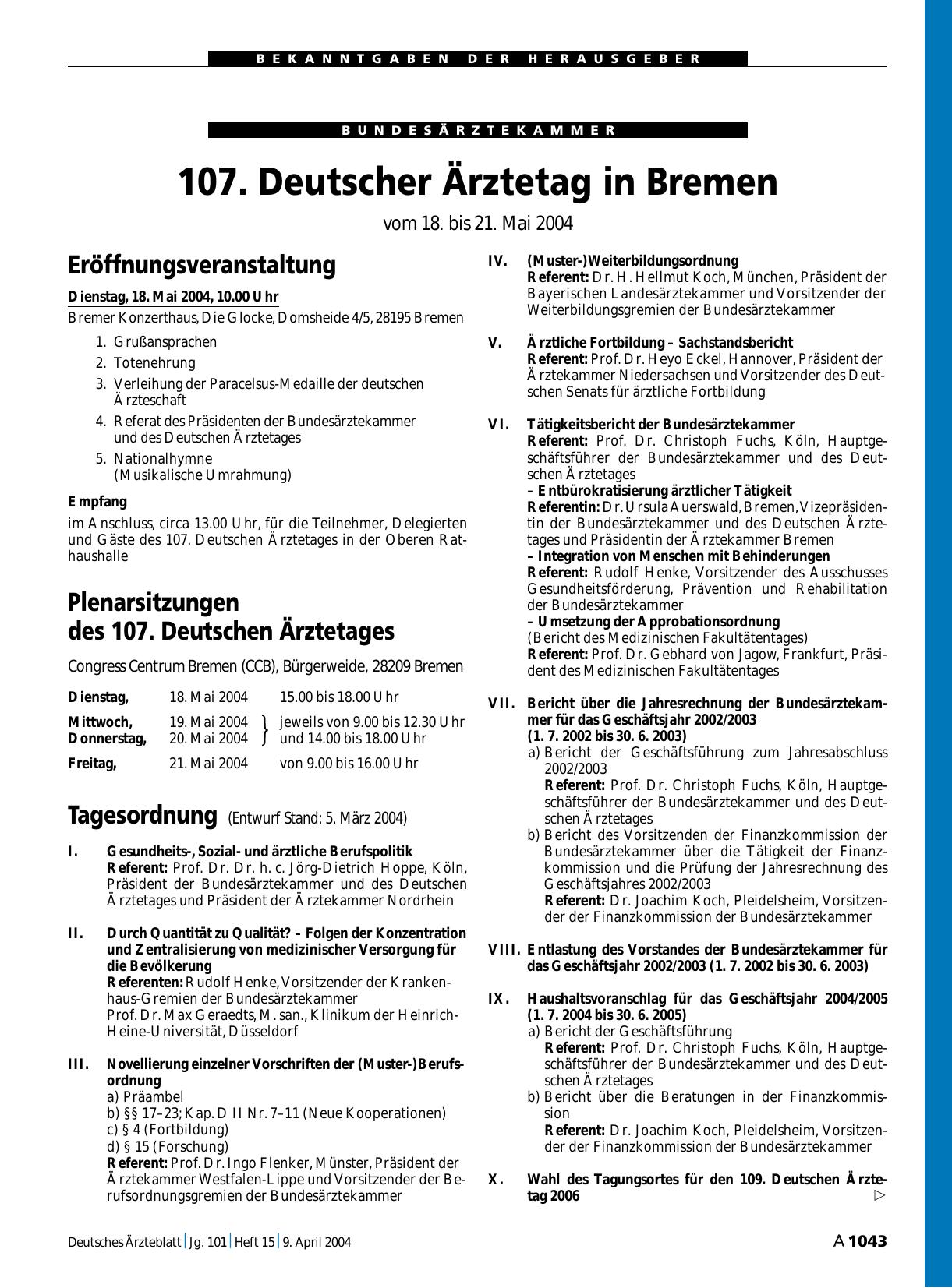 Vorschauseite 1: 107. Deutscher Ärztetag in Bremen vom 18. bis 21. Mai 2004