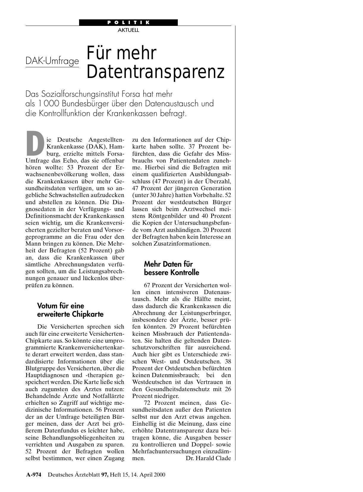 Vorschauseite 1: DAK-Umfrage Für mehr Datentransparenz