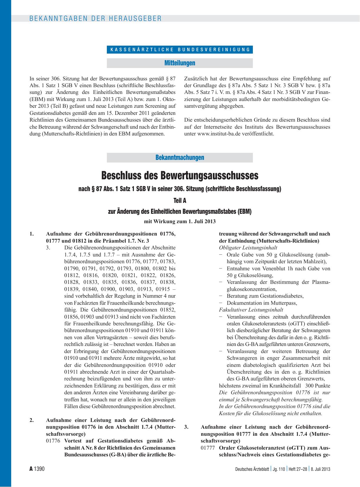 Vorschauseite 1: Beschluss des Bewertungsausschusses nach § 87 Abs. 1 Satz 1 SGB V in seiner 306. Sitzung (schriftliche Beschlussfassung)