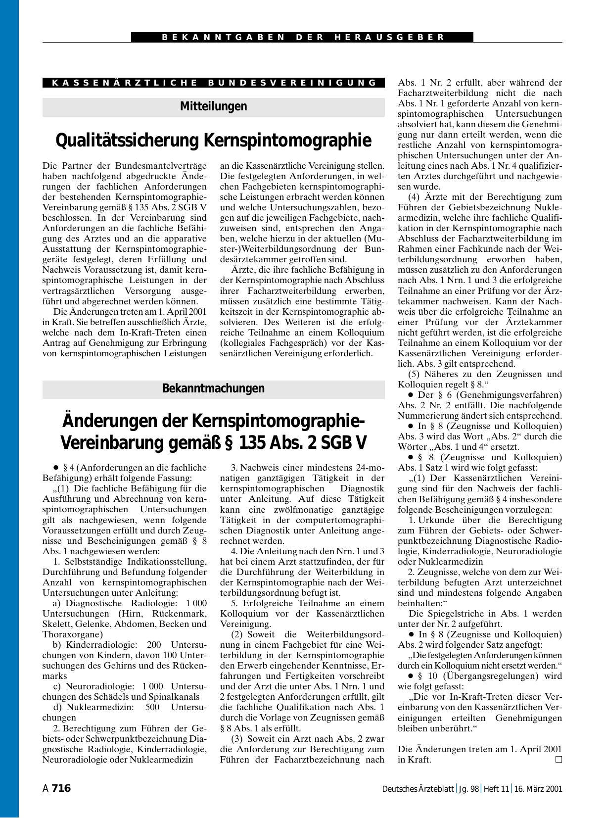 Vorschauseite 1: Änderungen der Kernspintomographie-Vereinbarung gemäß § 135 Abs. 2 SGB V
