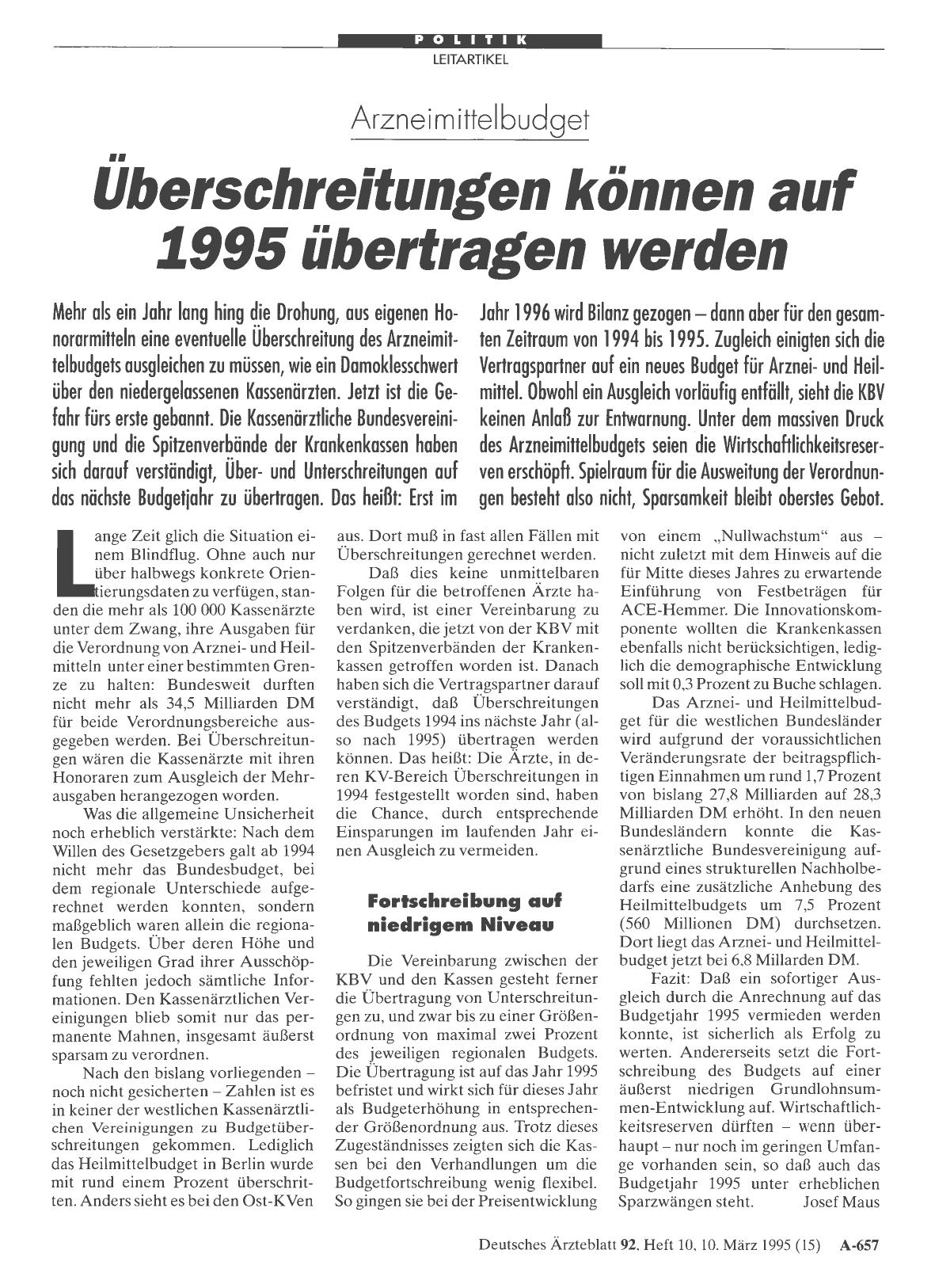 Vorschauseite 1: Arzneimittelbudget: Überschreitungen können auf 1995 übertragen werden
