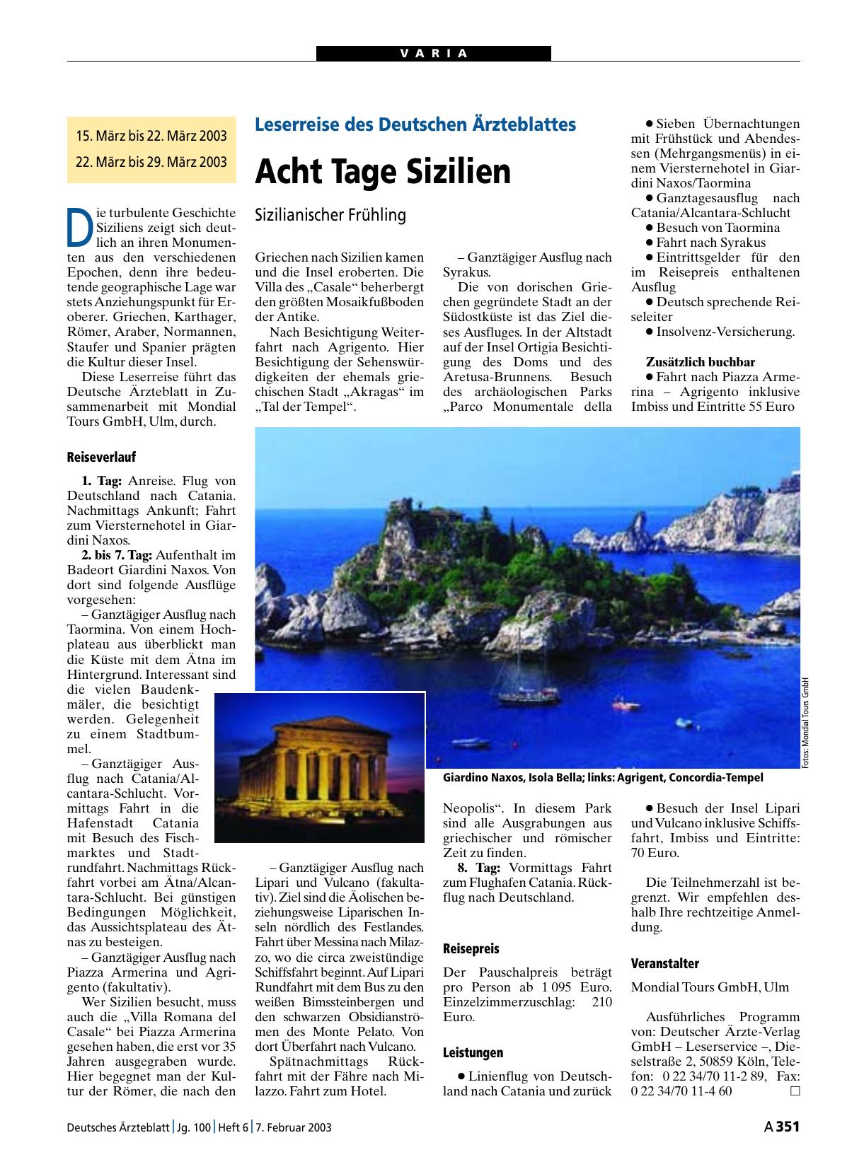 Vorschauseite 1: Leserreise des Deutschen Ärzteblattes: Acht Tage Sizilien