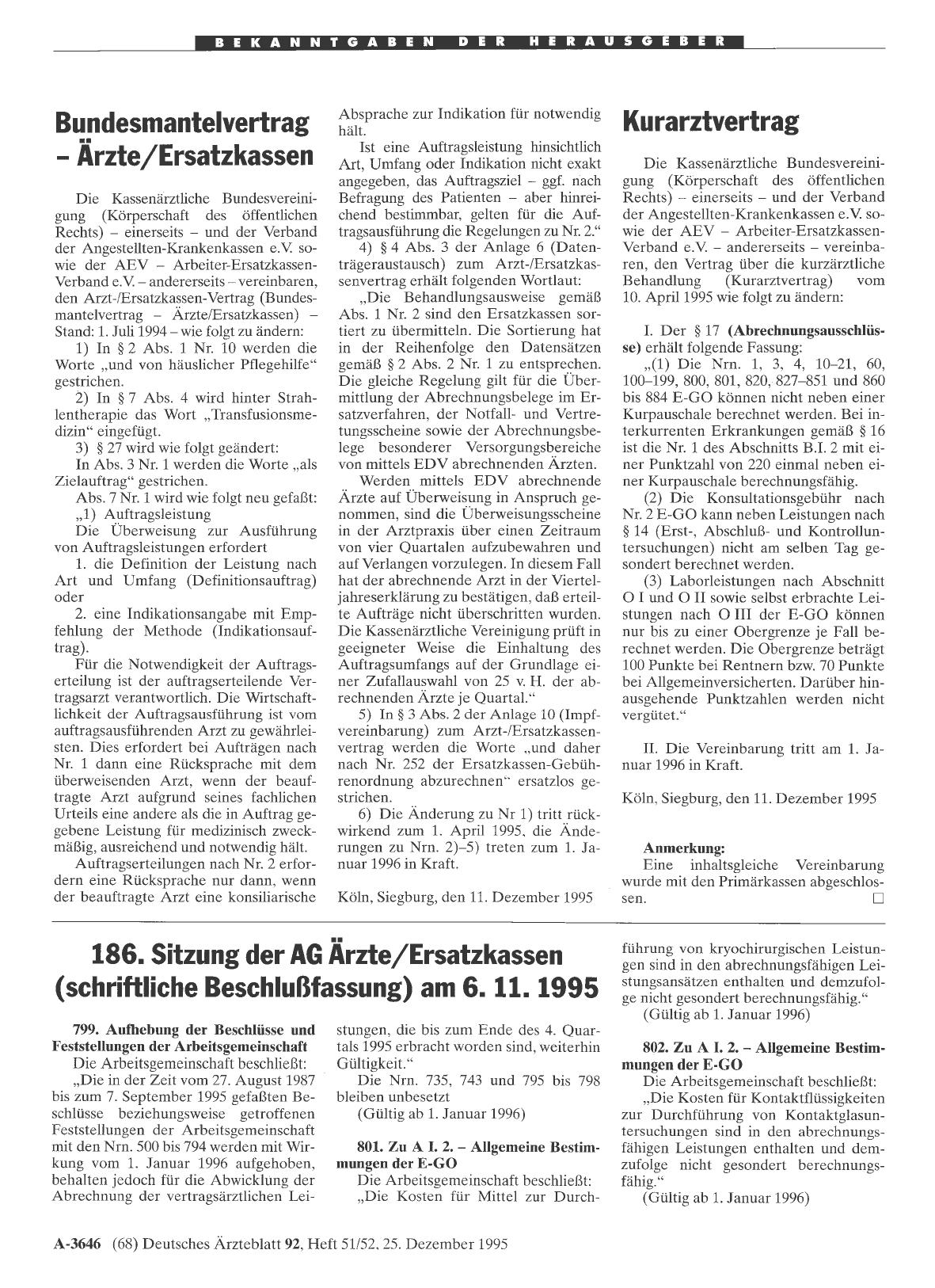 Vorschauseite 1: Bekanntmachungen: 186. Sitzung der AG Ärzte/Ersatzkassen (schriftliche Beschlußf assung) am 6. 11. 1995
