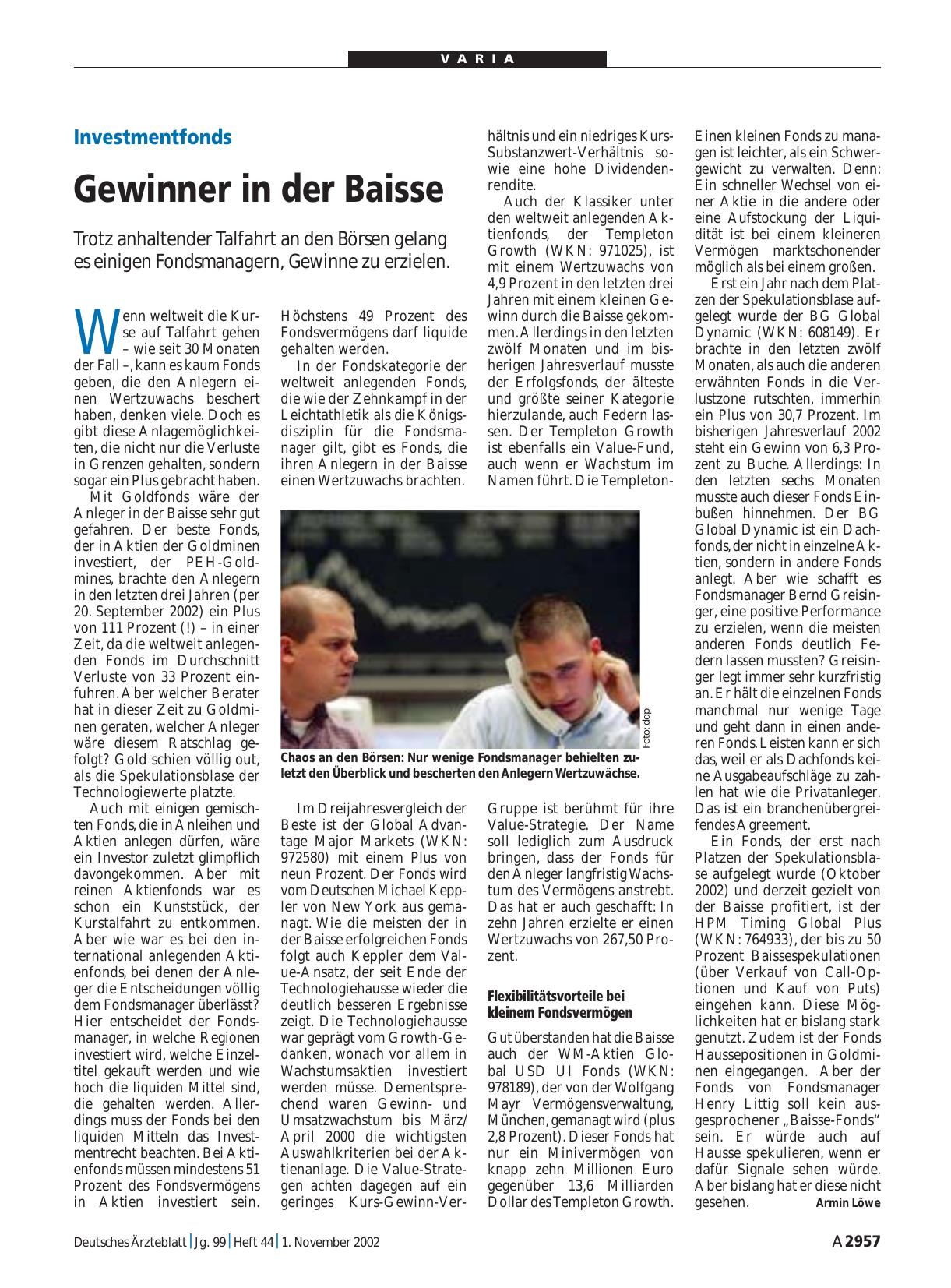 Vorschauseite 1: Investmentfonds: Gewinner in der Baisse