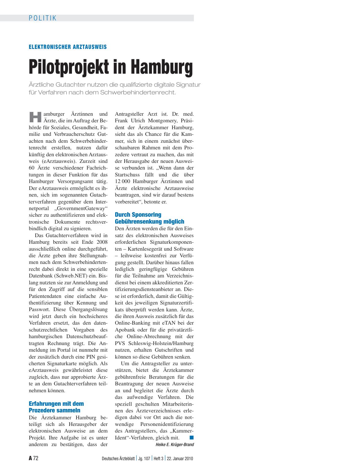 Vorschauseite 1: Elektronischer Arztausweis. Pilotprojekt in Hamburg