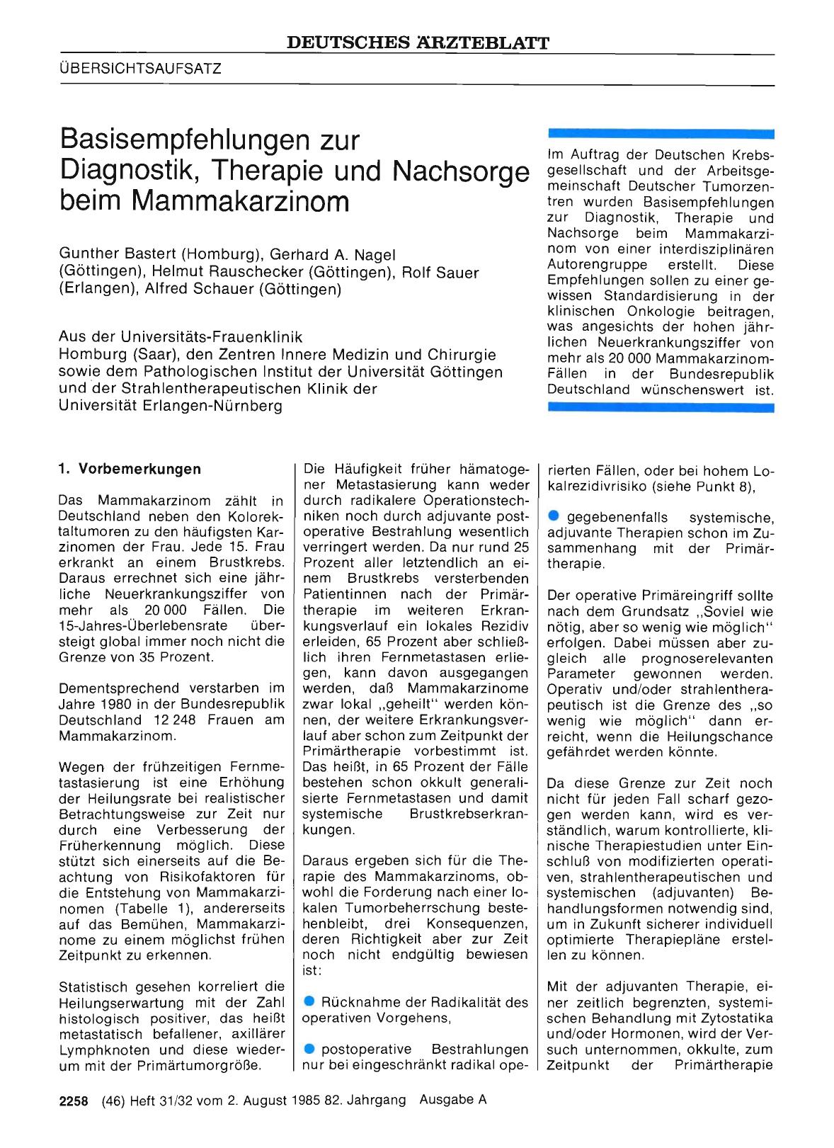Vorschauseite 1: Basisempfehlungen zur Diagnostik, Therapie und Nachsorge beim Mammakarzinom