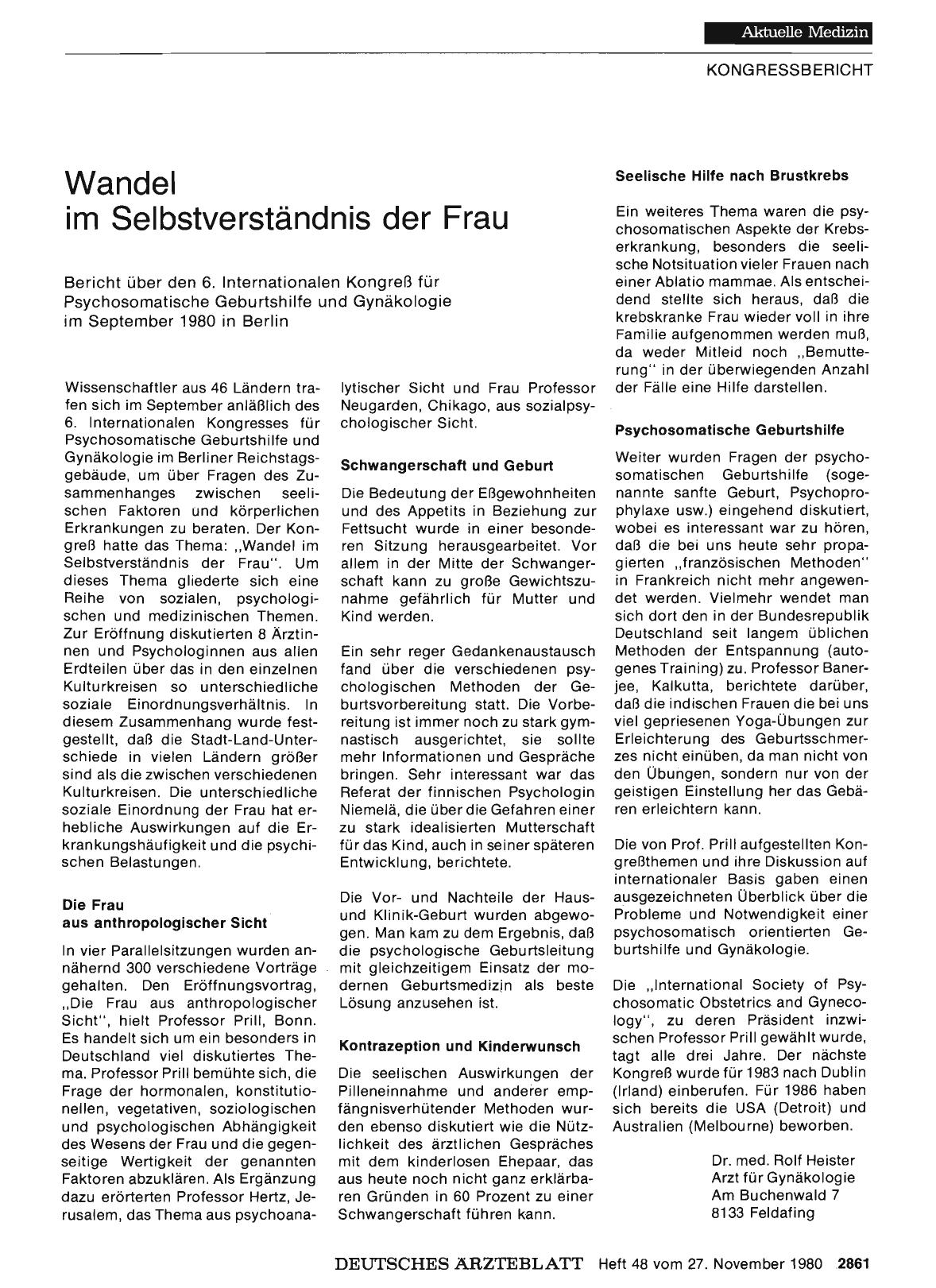 Vorschauseite 1: Wandel im Selbstverständnis der Frau: Bericht über den 6. Internationalen Kongreß für Psychosomatische Geburtshilfe und Gynäkologie im September 1980 in Berlin