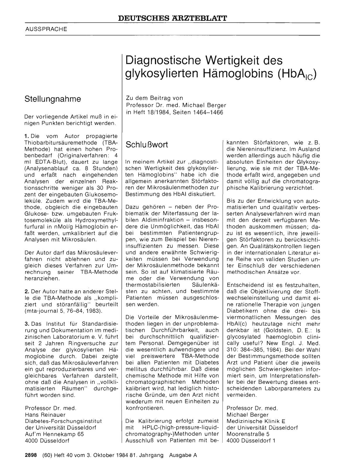 Vorschauseite 1: Diagnostische Wertigkeit des glykosylierten Hämoglobins (HbA lC): Stellungnahme