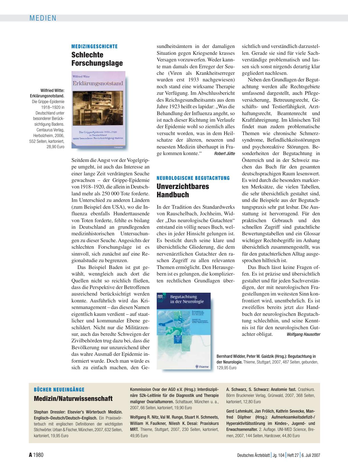 Vorschauseite 1: Bücher Neueingänge: Medizin/Naturwissenschaft