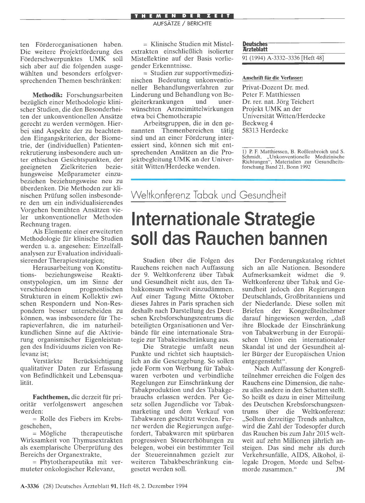 Vorschauseite 1: Weltkonferenz Tabak und Gesundheit: Internationale Strategie soll das Rauchen bannen