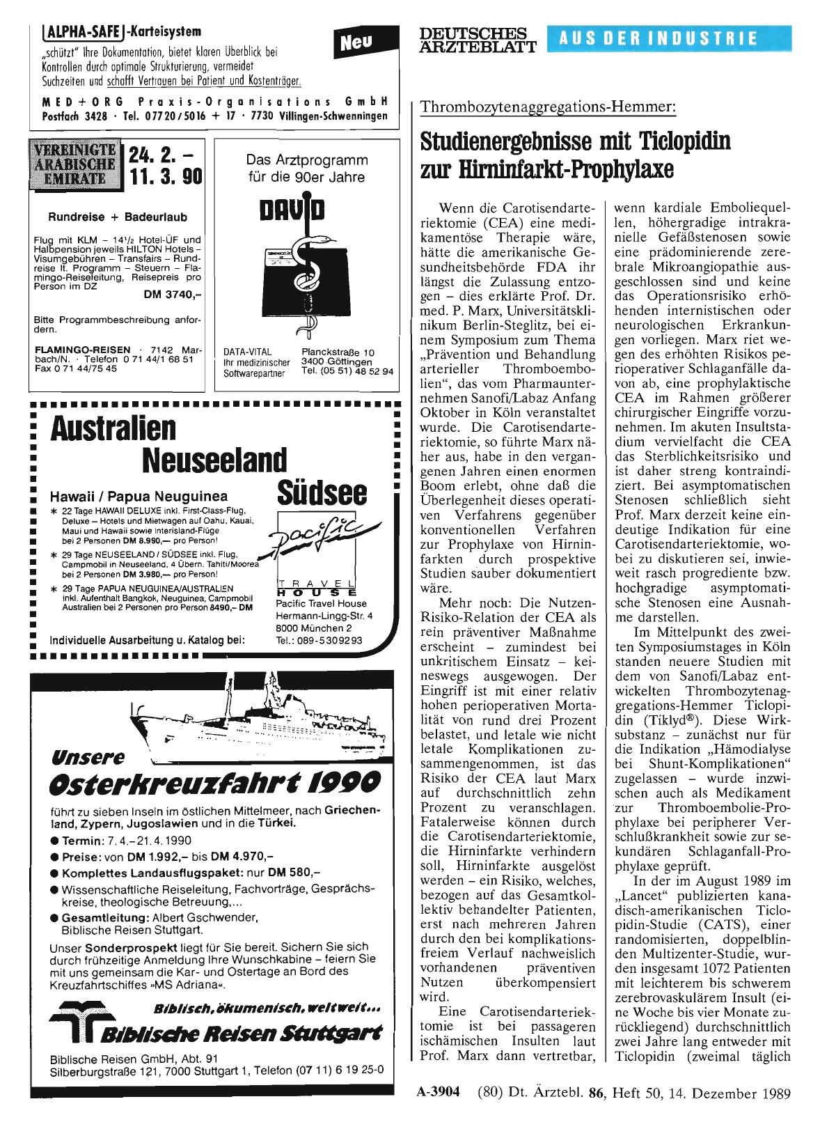Vorschauseite 1: Thrombozytenaggregations-Hemmen Studienergebnisse mit Ticlopidin zur Hirninfarkt-Prophylaxe