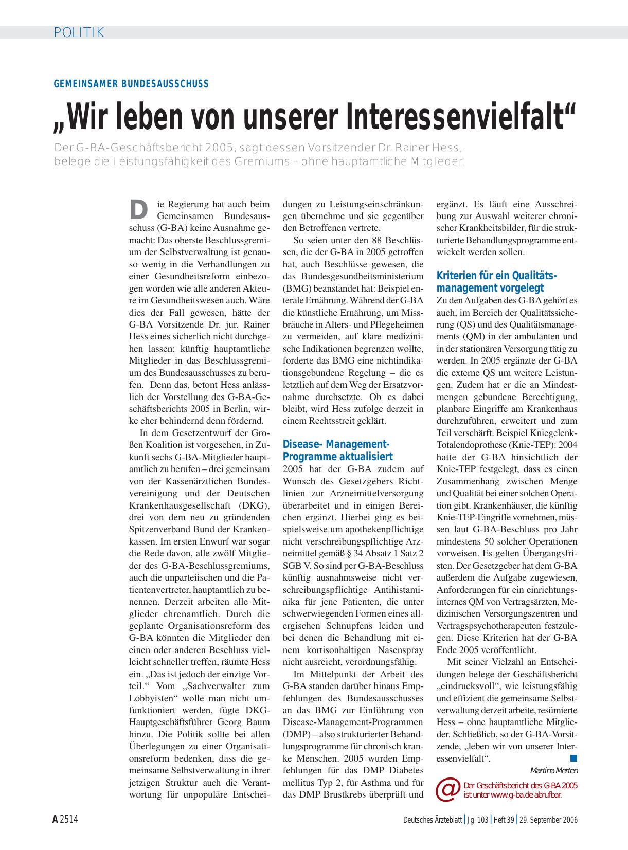 Vorschauseite 1: Gemeinsamer Bundesausschuss: „Wir leben von unserer Interessenvielfalt“