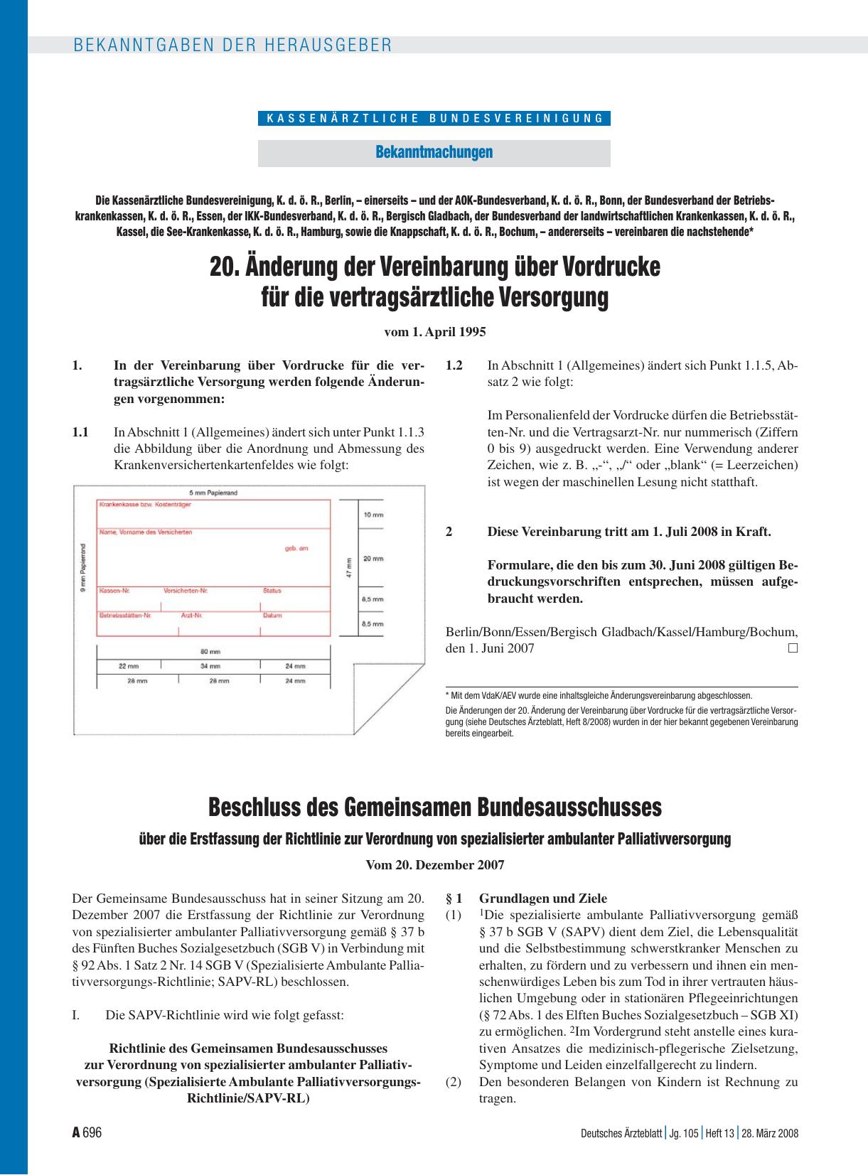 Vorschauseite 1: Bekanntmachungen: 20. Änderung der Vereinbarung über Vordrucke für die vertragsärztliche Versorgung