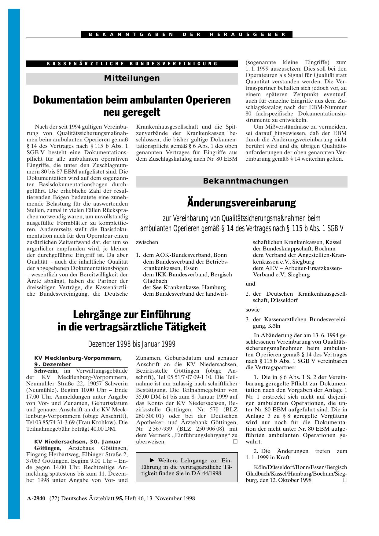 Vorschauseite 1: Änderungsvereinbarung zur Vereinbarung von Qualitätssicherungsmaßnahmen beim ambulanten Operieren gemäß § 14 des Vertrages nach § 115 b Abs. 1 SGB V
