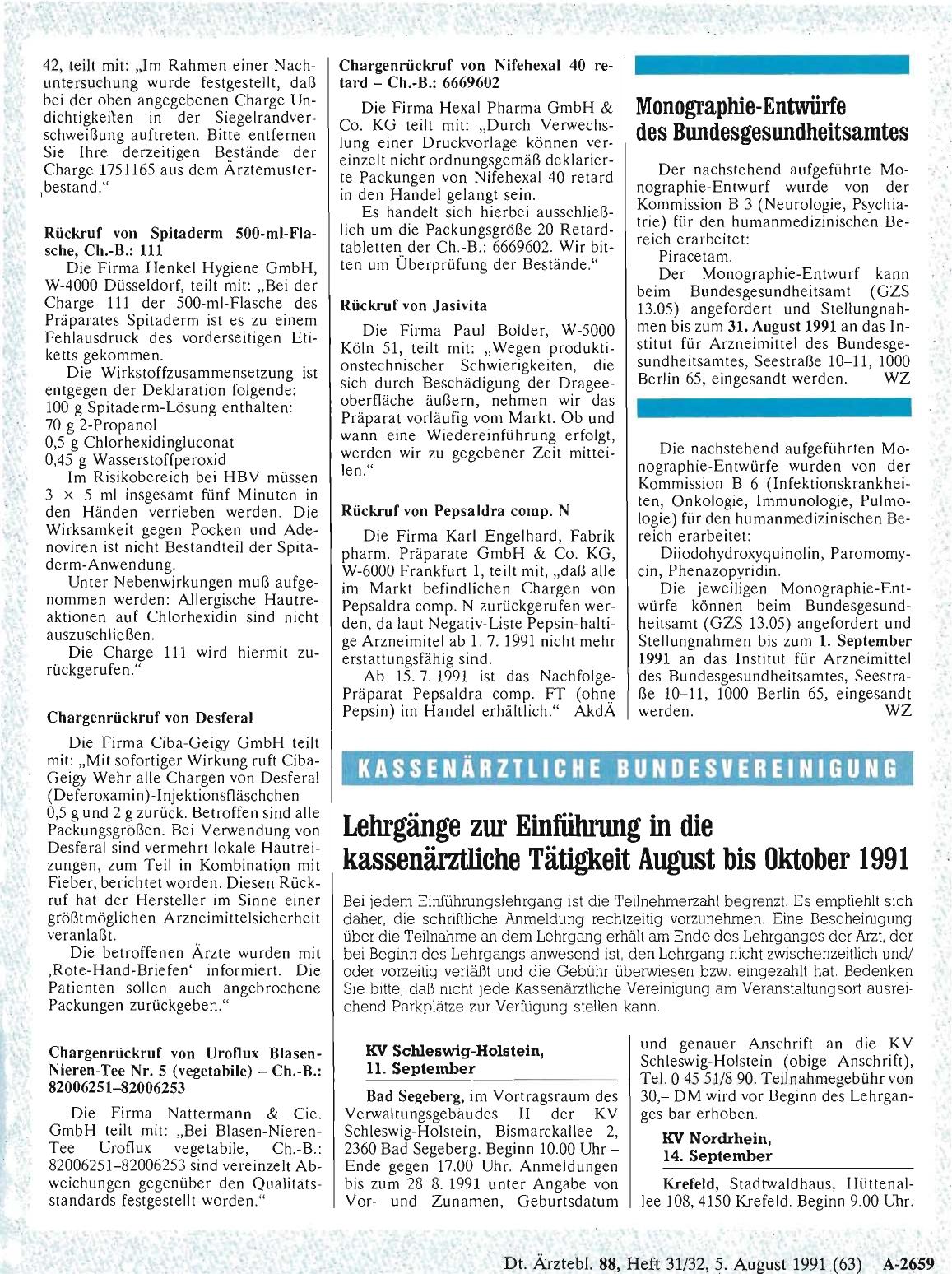 Vorschauseite 1: Lehrgänge zur Einführung in die kassenärztliche Tätigkeit August bis Oktober 1991