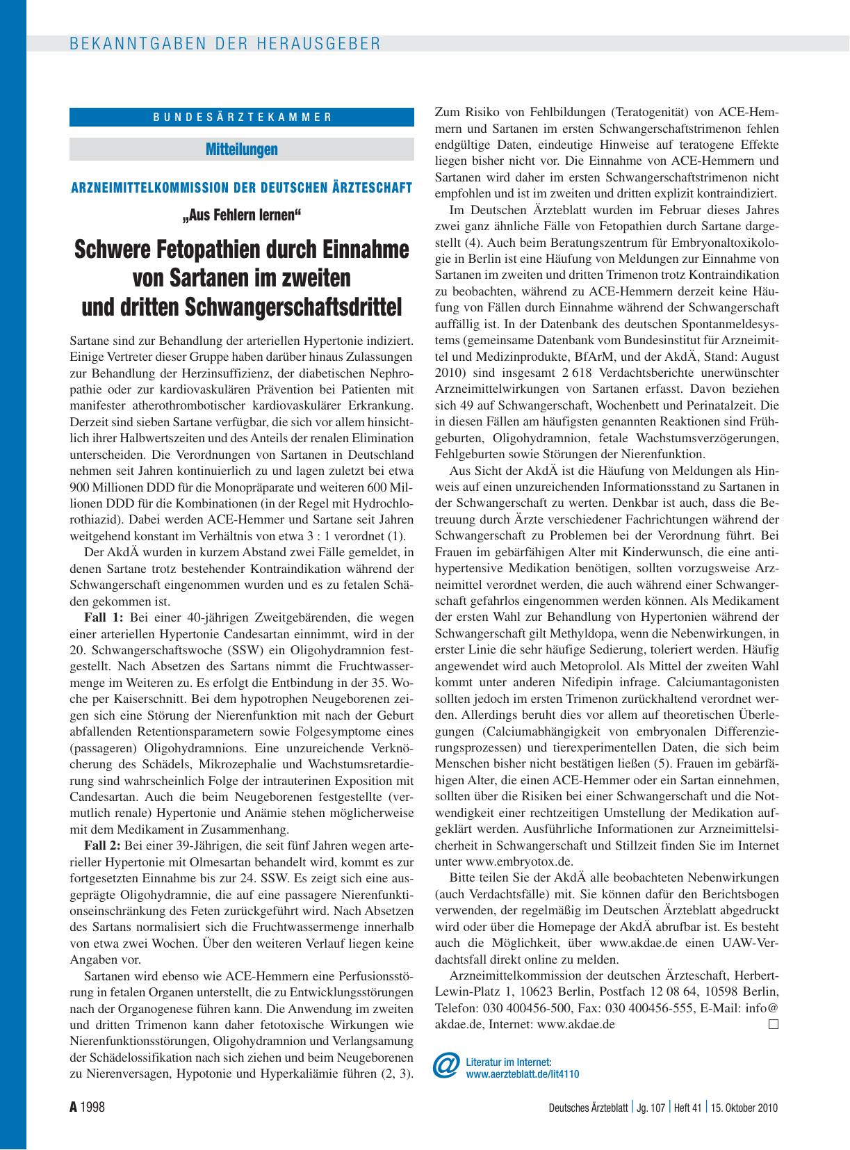 Vorschauseite 1: Arzneimittelkommission der deutschen Ärzteschaft: „Aus Fehlern lernen“ Schwere Fetopathien durch Einnahme von Sartanen im zweiten und dritten Schwangerschaftsdrittel