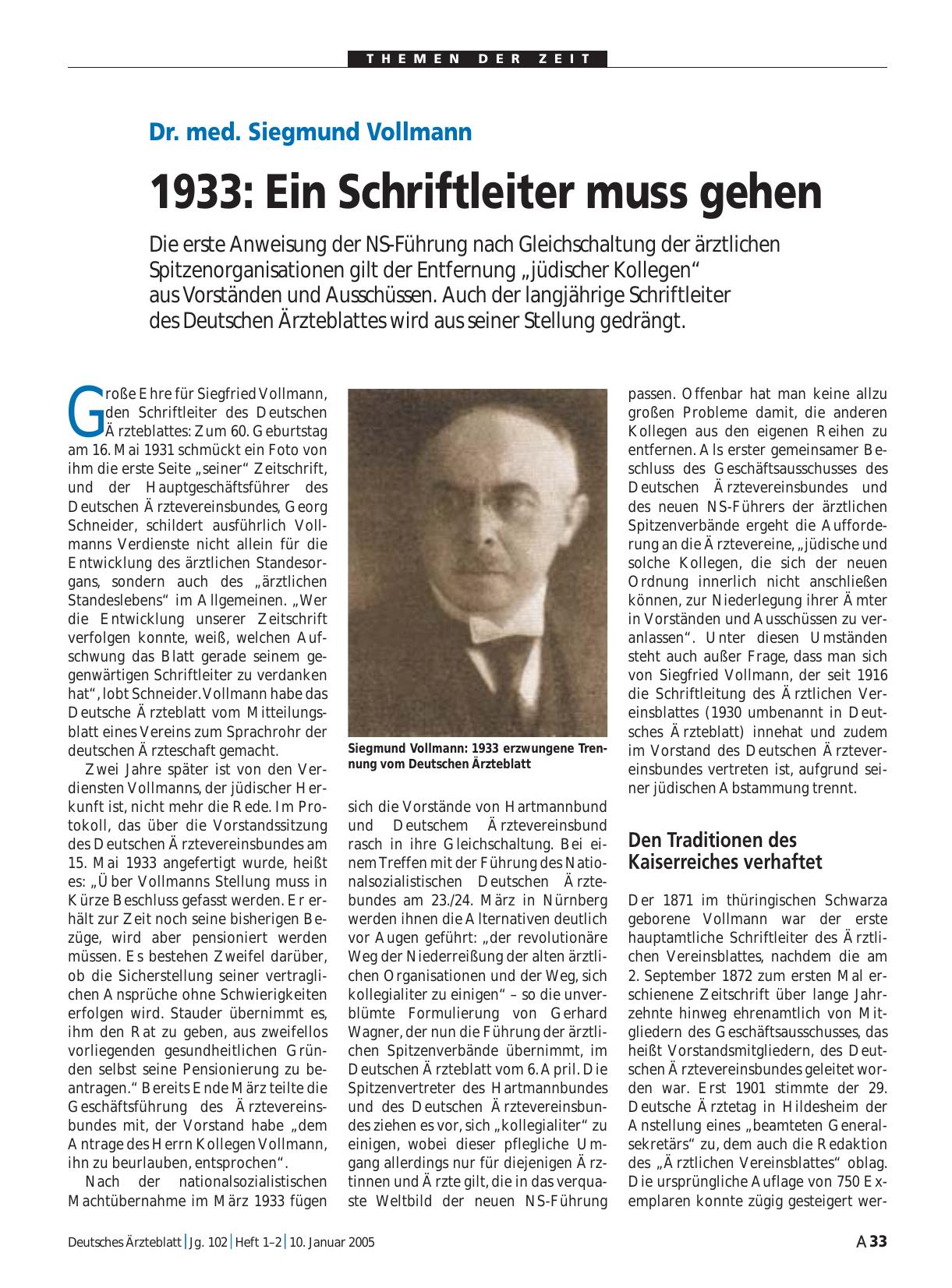 Vorschauseite 1: Dr. med. Siegmund Vollmann – 1933: Ein Schriftleiter muss gehen