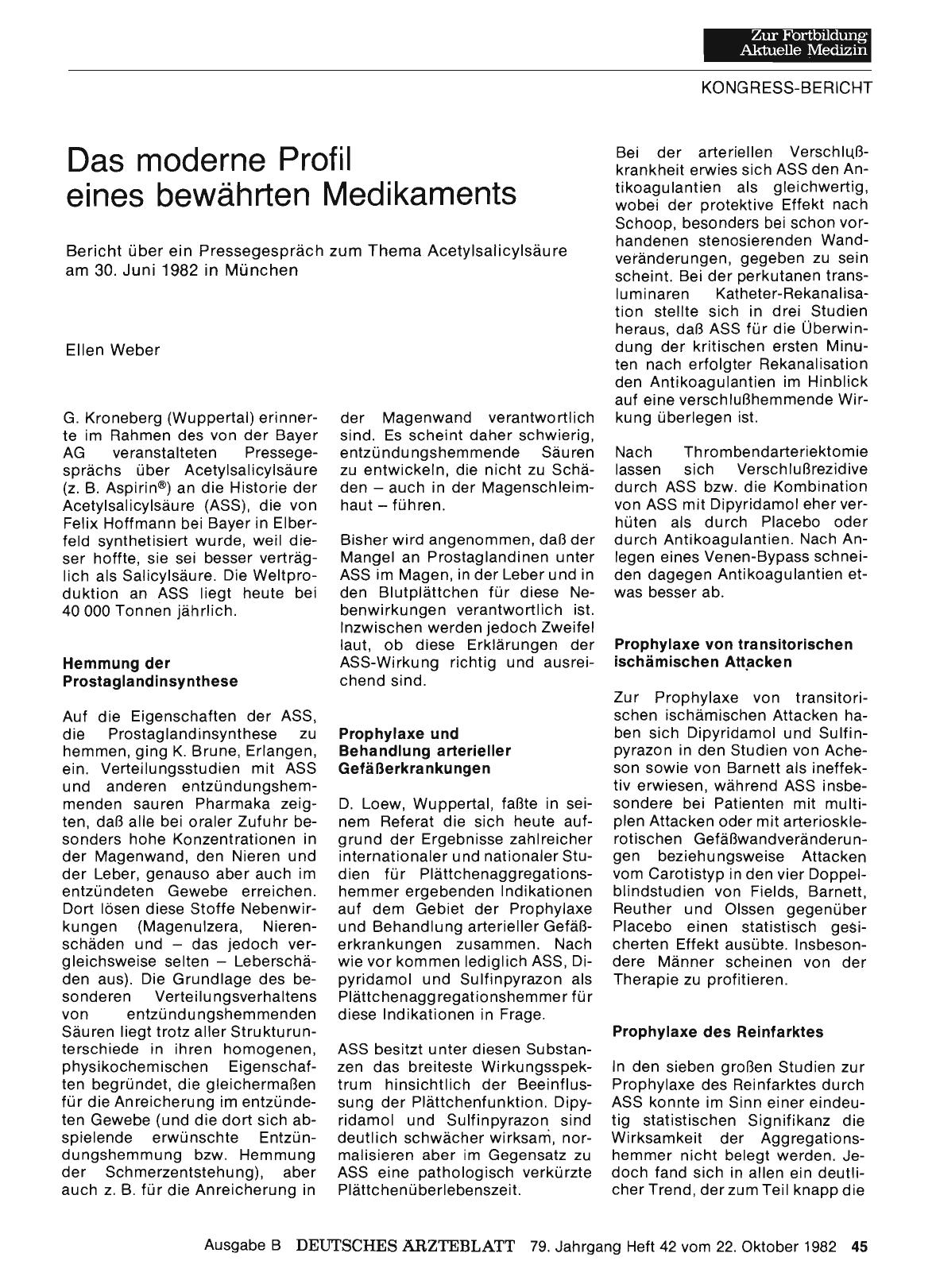 Vorschauseite 1: Das moderne Profil eines bewährten Medikaments: Bericht über ein Pressegespräch zum Thema Acetylsalicylsäure am 30. Juni 1982 in München