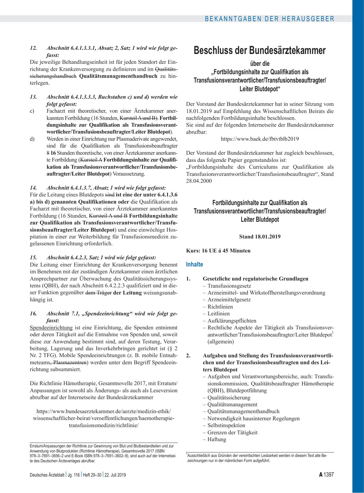 Vorschauseite 1: Beschluss der Bundesärztekammer über die „Fortbildungsinhalte zur Qualifikation als Transfusionsverantwortlicher/Transfusionsbeauftragter/ Leiter Blutdepot“