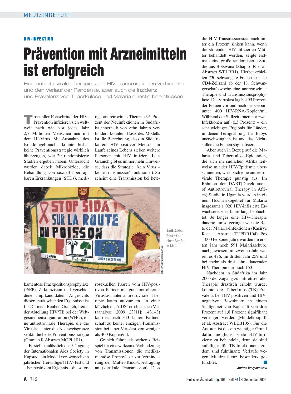 Vorschauseite 1: HIV-Infektion: Prävention mit Arzneimitteln ist erfolgreich