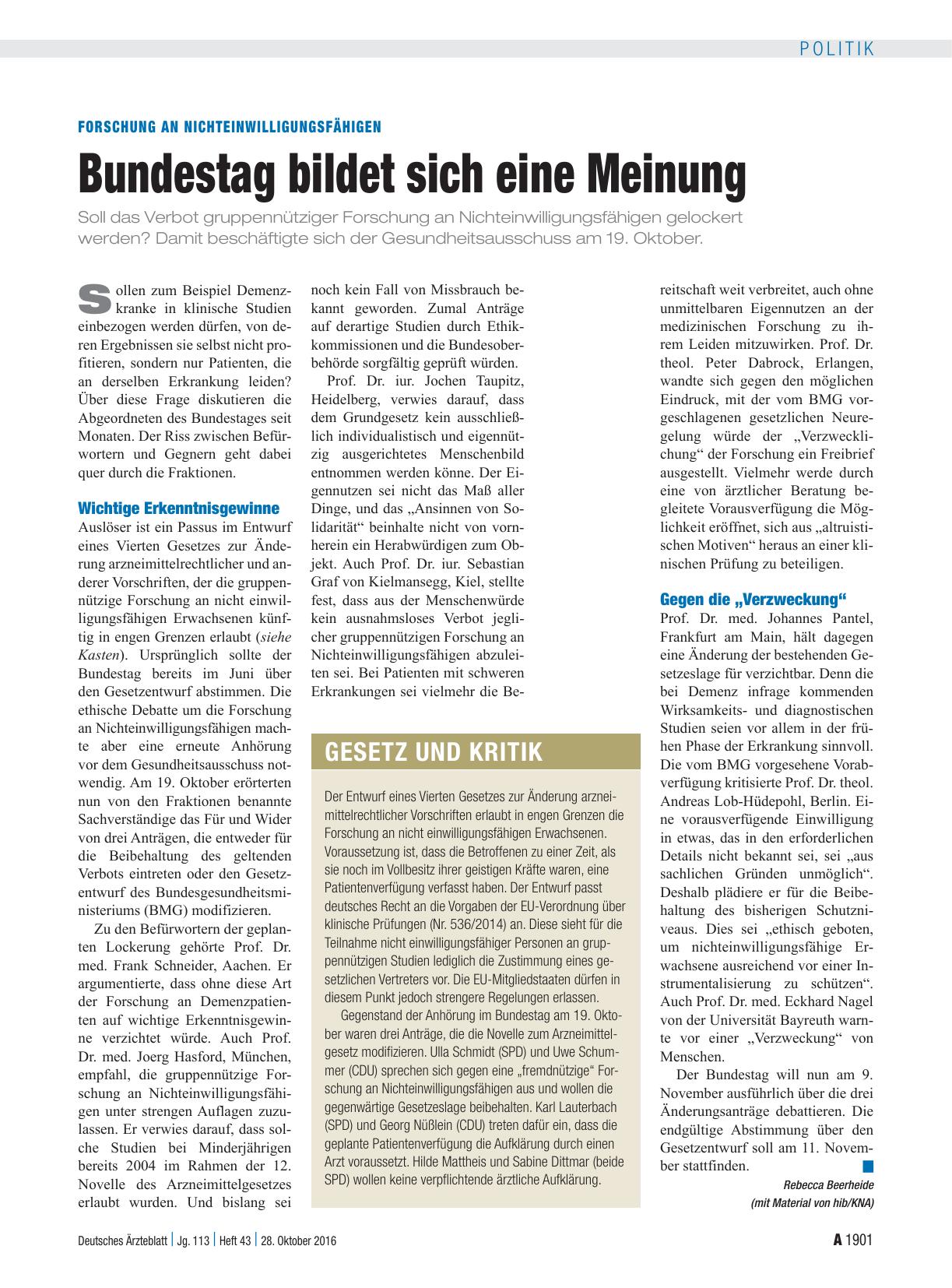 Vorschauseite 1: Forschung an Nichteinwilligungsfähigen: Bundestag bildet sich eine Meinung