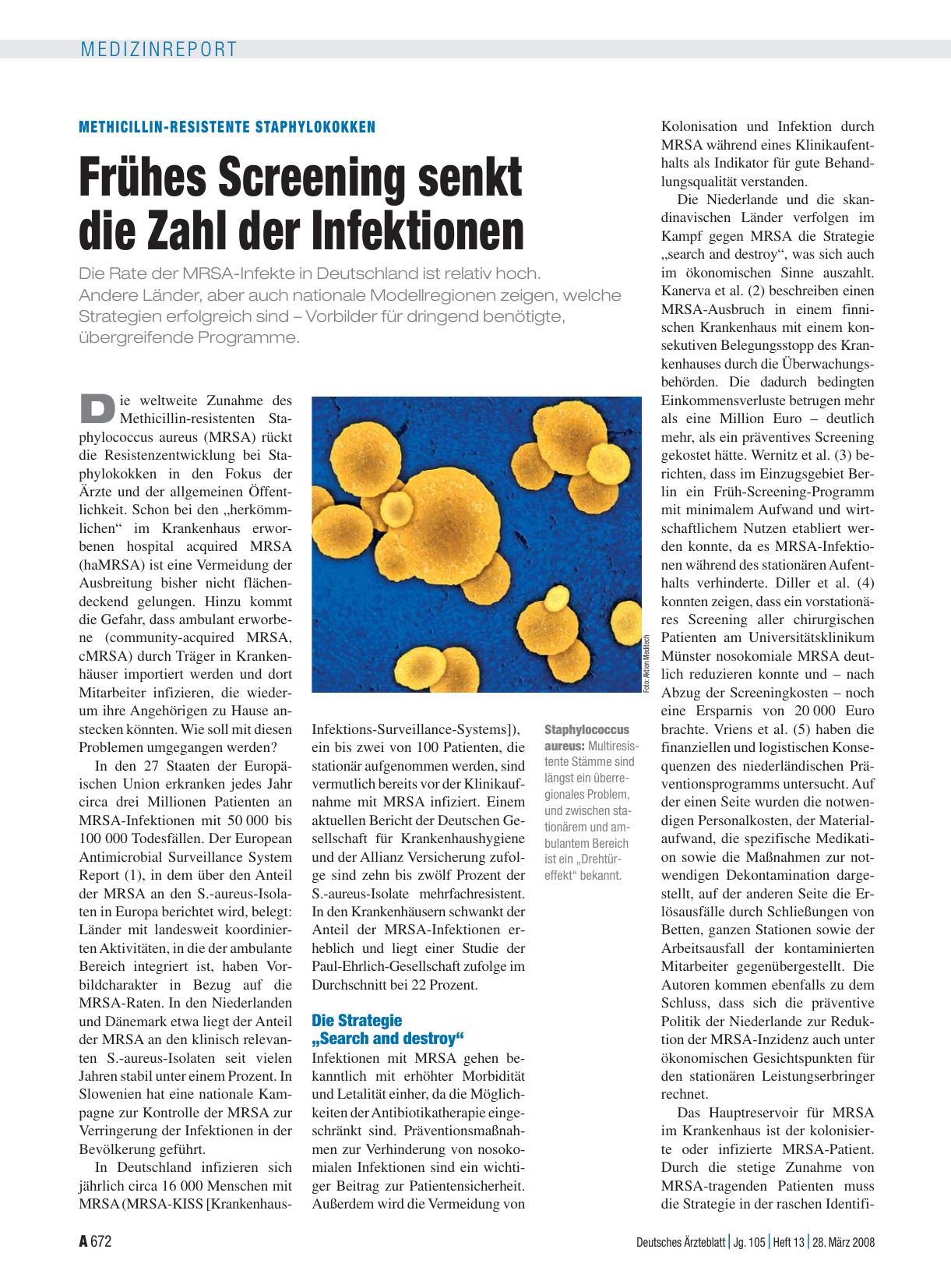 Vorschauseite 1: Methicillin-Resistente Staphylokokken: Frühes Screening senkt die Zahl der Infektionen