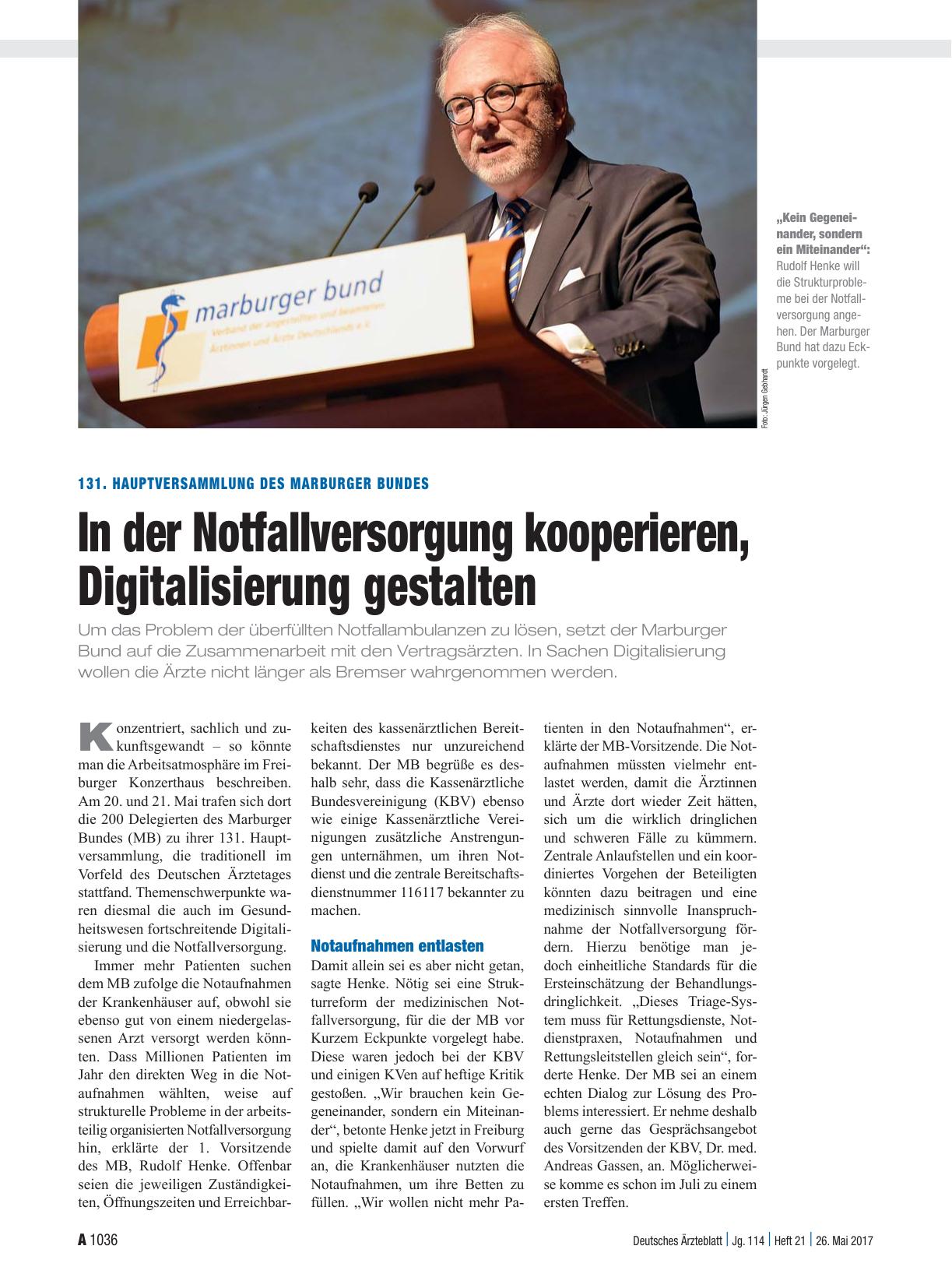 Vorschauseite 1: 131. Hauptversammlung des Marburger Bundes: In der Notfallversorgung kooperieren, Digitalisierung gestalten