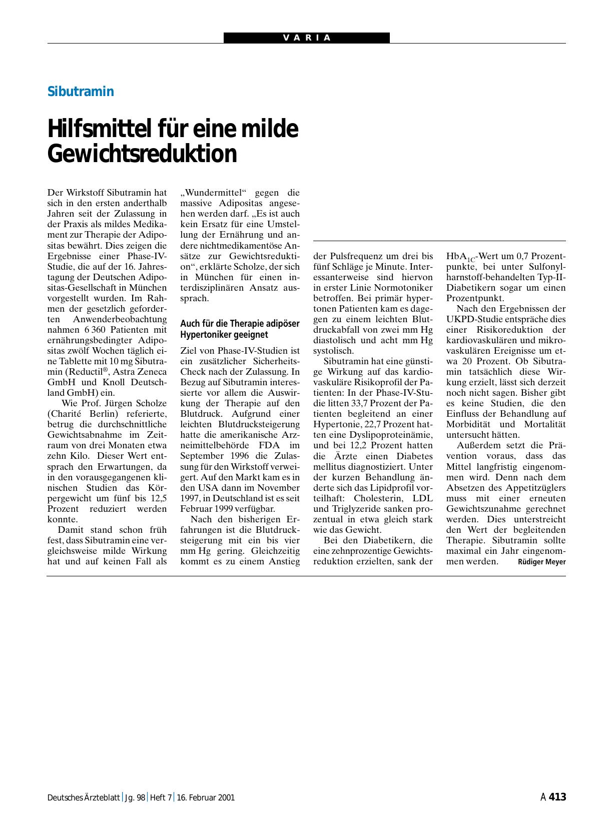 Vorschauseite 1: Sibutramin: Hilfsmittel für eine milde Gewichtsreduktion